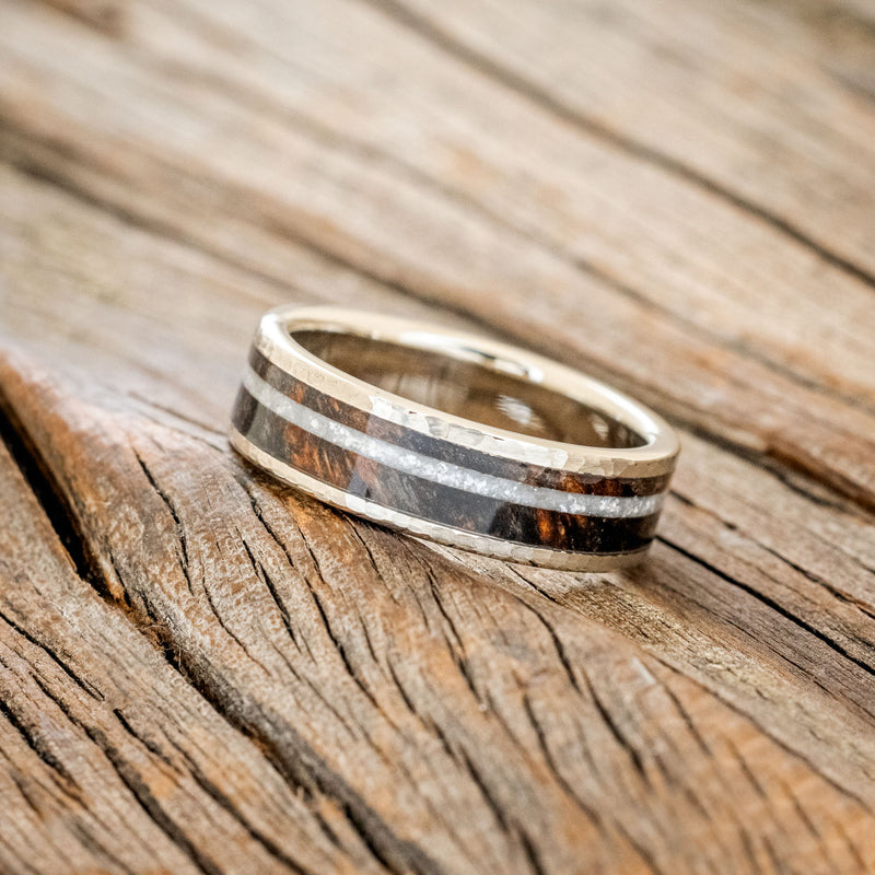 "RAINIER" - DIAMOND DUST & DARK MAPLE WOOD WEDDING RING FEATURING A HAMMERED 14K GOLD BAND-2