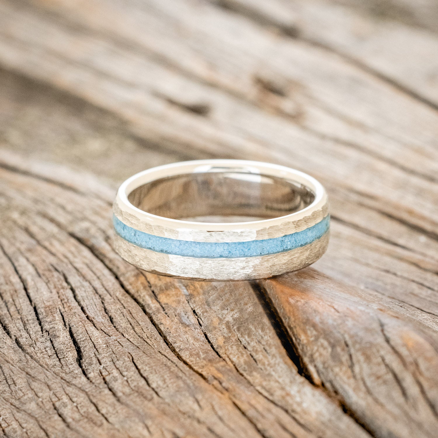 "VERTIGO" - TURQUOISE WEDDING BAND WITH A HAMMERED FINISH-3