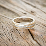 "HOLLIS" - ELK TOOTH IVORY & 14K GOLD INLAYS WEDDING RING FEATURING A HAMMERED BAND