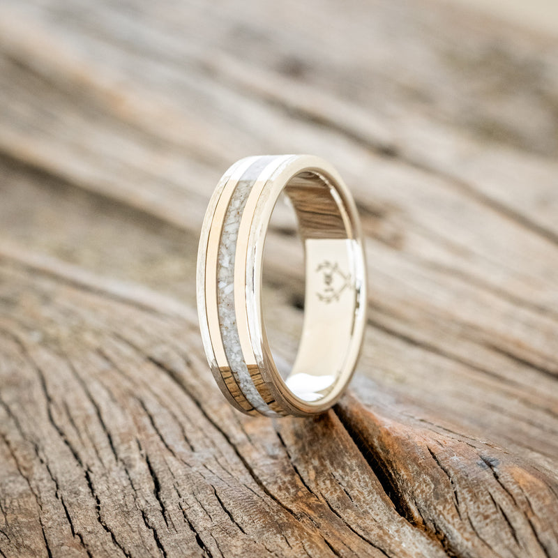 "HOLLIS" - ELK TOOTH IVORY & 14K GOLD INLAYS WEDDING RING FEATURING A HAMMERED BAND-4