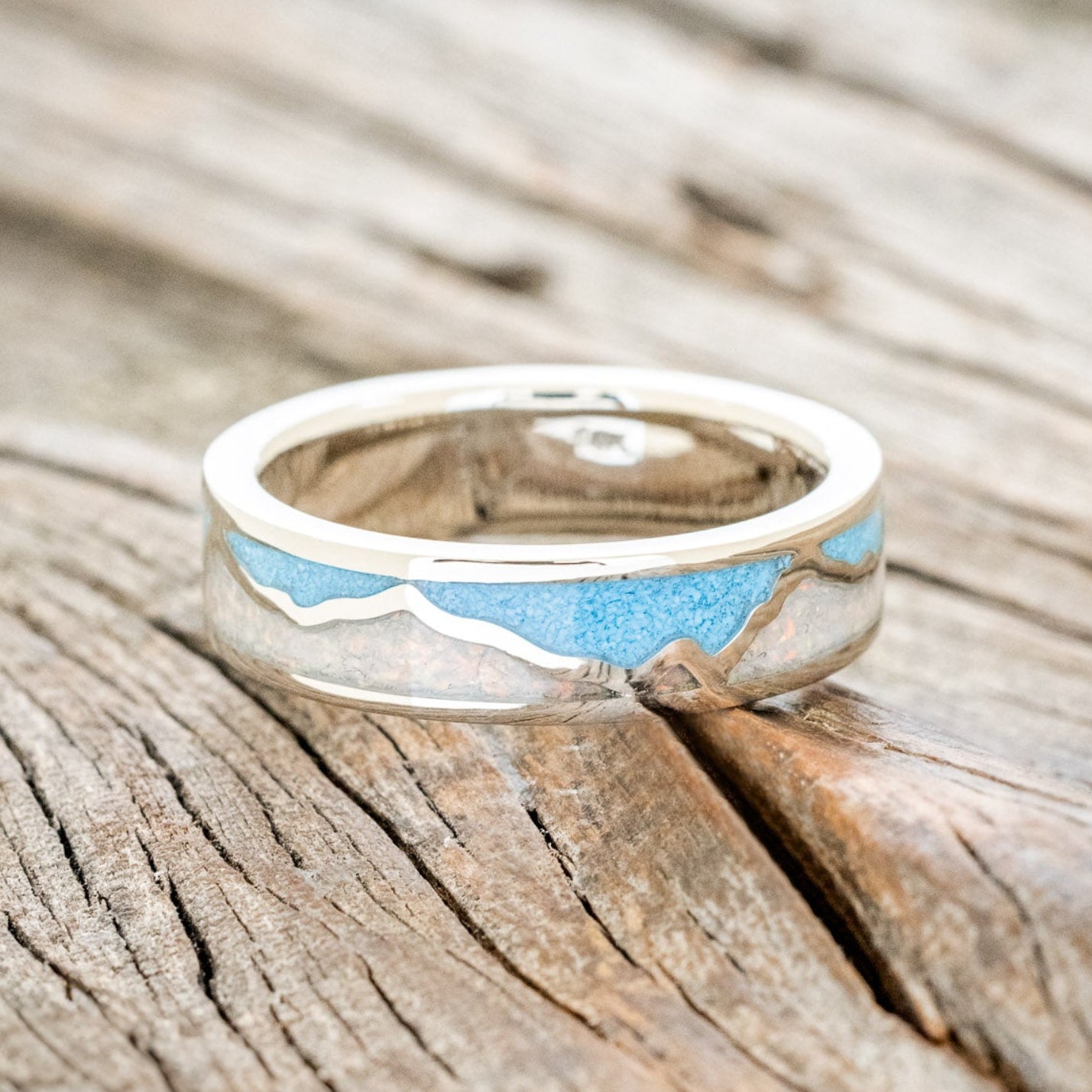 "PEAK" - WHITE OPAL & TURQUOISE INLAY WITH SILVER MOUNTAIN RANGE WEDDING BAND-3