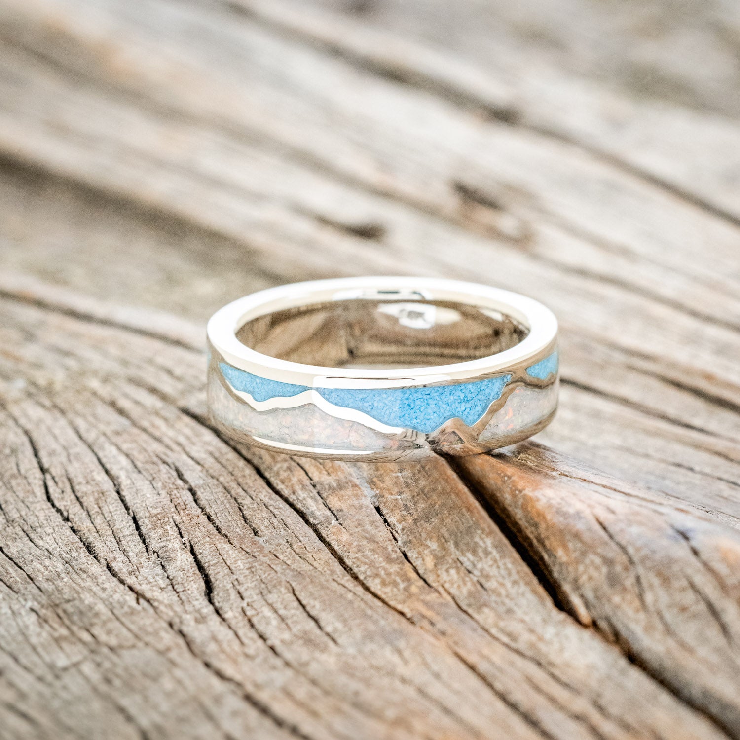 "PEAK" - WHITE OPAL & TURQUOISE INLAY WITH SILVER MOUNTAIN RANGE WEDDING BAND-3