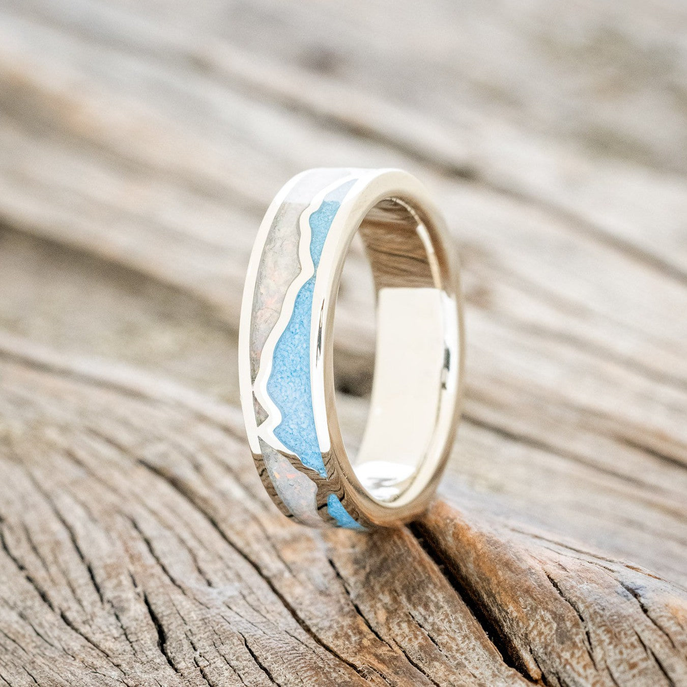 "PEAK" - WHITE OPAL & TURQUOISE INLAY WITH SILVER MOUNTAIN RANGE WEDDING BAND-2