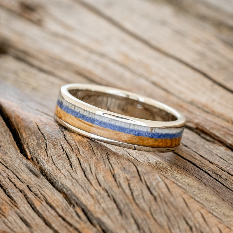 "RAINIER" - ANTLER, LAPIS LAZULI & WHISKEY BARREL OAK WEDDING BAND