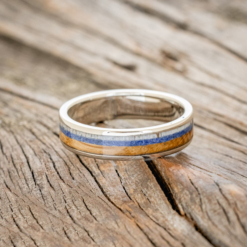 "RAINIER" - ANTLER, LAPIS LAZULI & WHISKEY BARREL OAK WEDDING BAND-3