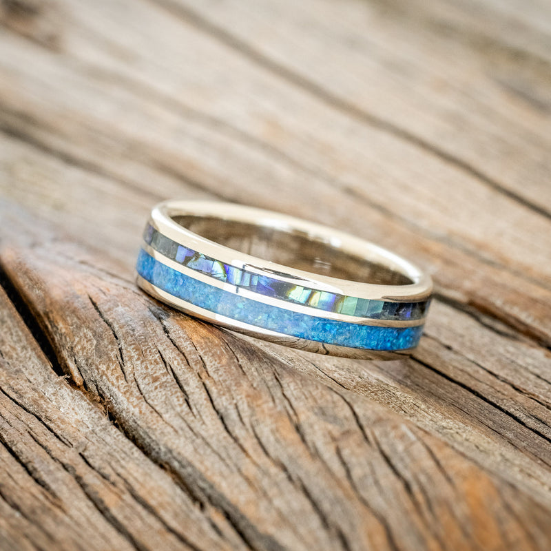 "RAPTOR" - PAUA SHELL & BLUE OPAL WEDDING BAND-2