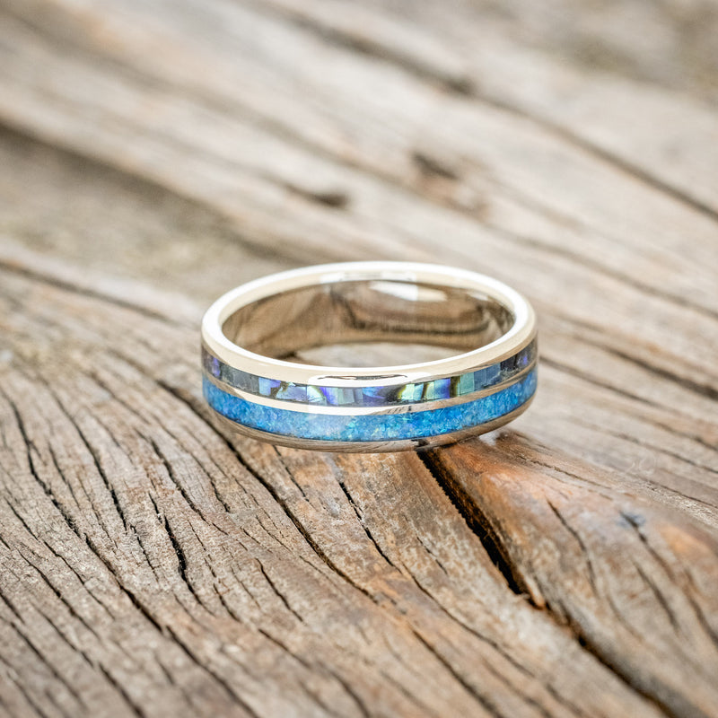 "RAPTOR" - PAUA SHELL & BLUE OPAL WEDDING BAND-3