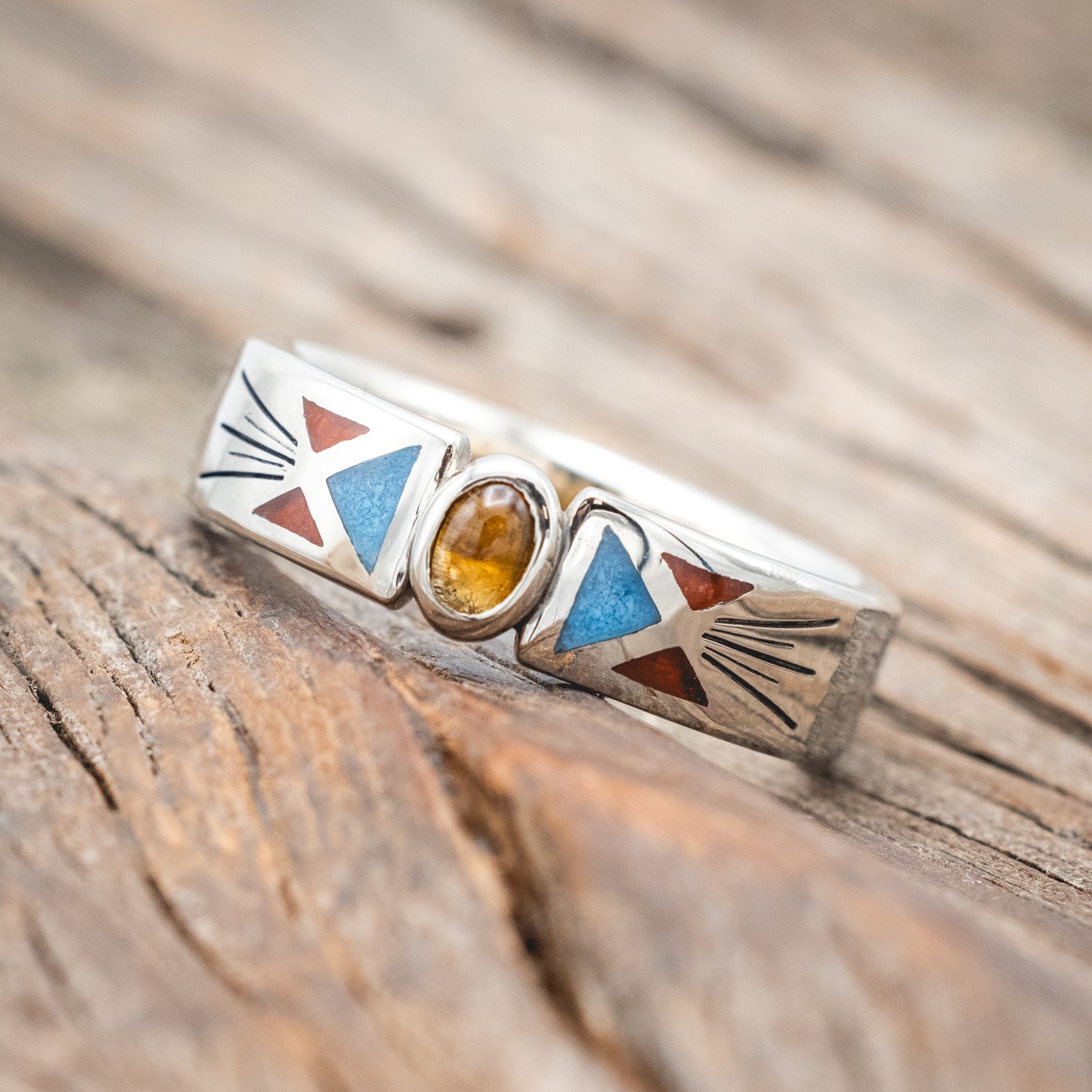 14K GOLD HAMMERED WEDDING BAND WITH BEZEL SET CABOCHON CUT CITRINE WITH JASPER & TURQUOISE INLAYS-Staghead Designs