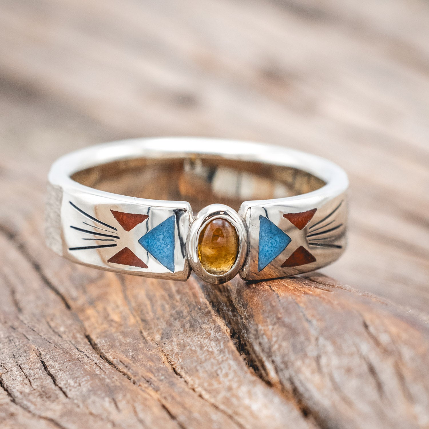14K GOLD HAMMERED WEDDING BAND WITH BEZEL SET CABOCHON CUT CITRINE WITH JASPER & TURQUOISE INLAYS-Staghead Designs