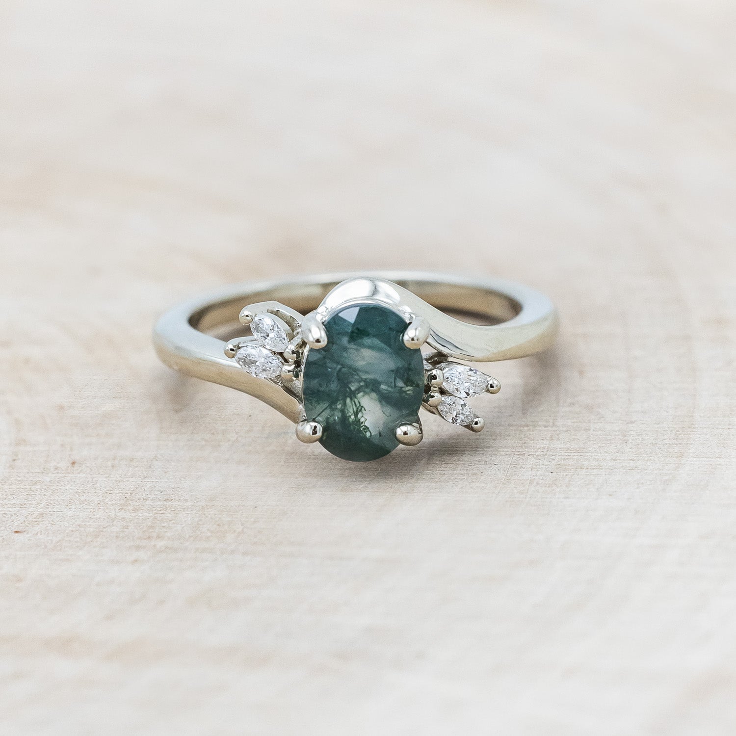 "YAVANNA" - OVAL CUT MOSS AGATE ENGAGEMENT RING WITH DIAMOND ACCENTS-Staghead Designs