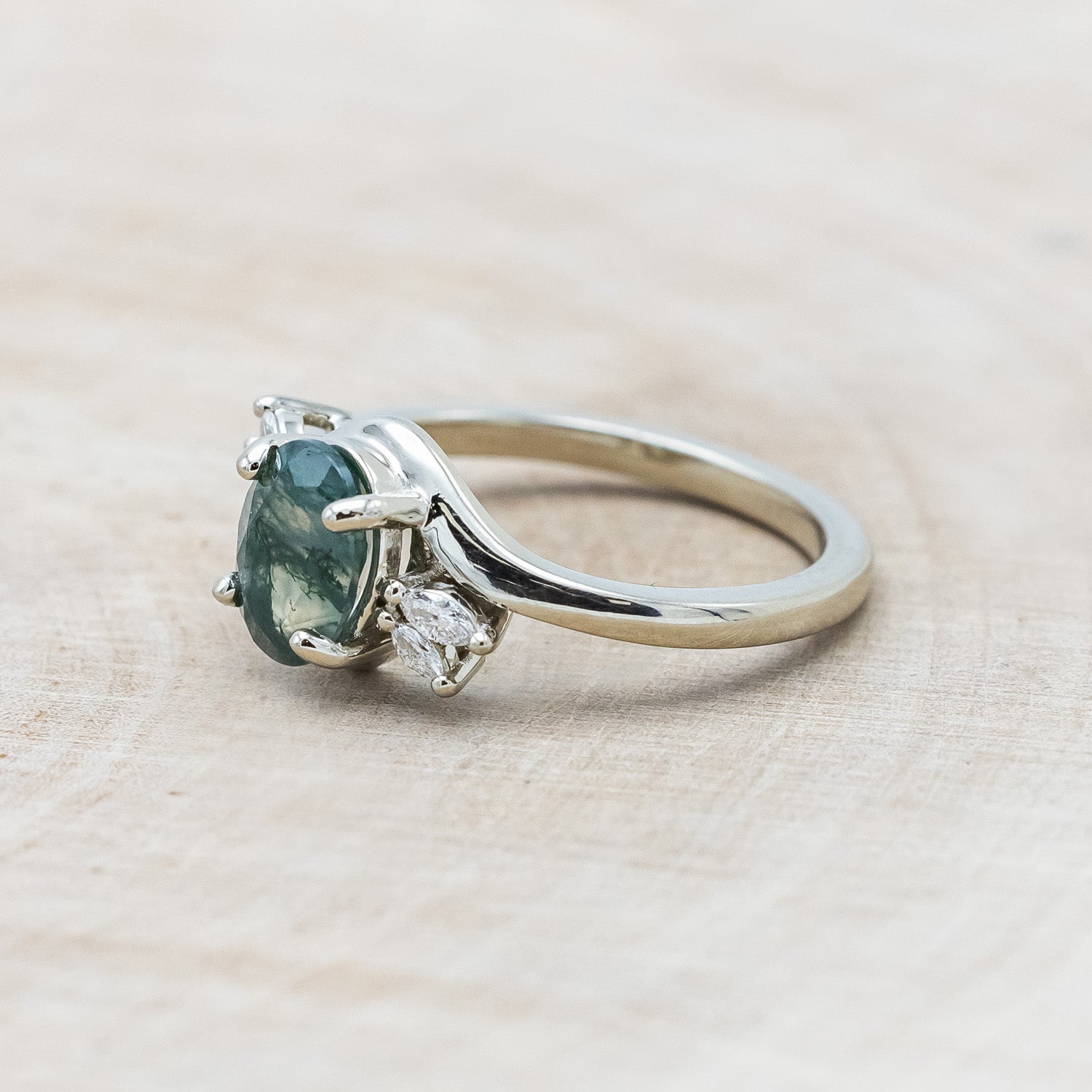 "YAVANNA" - OVAL CUT MOSS AGATE ENGAGEMENT RING WITH DIAMOND ACCENTS-Staghead Designs