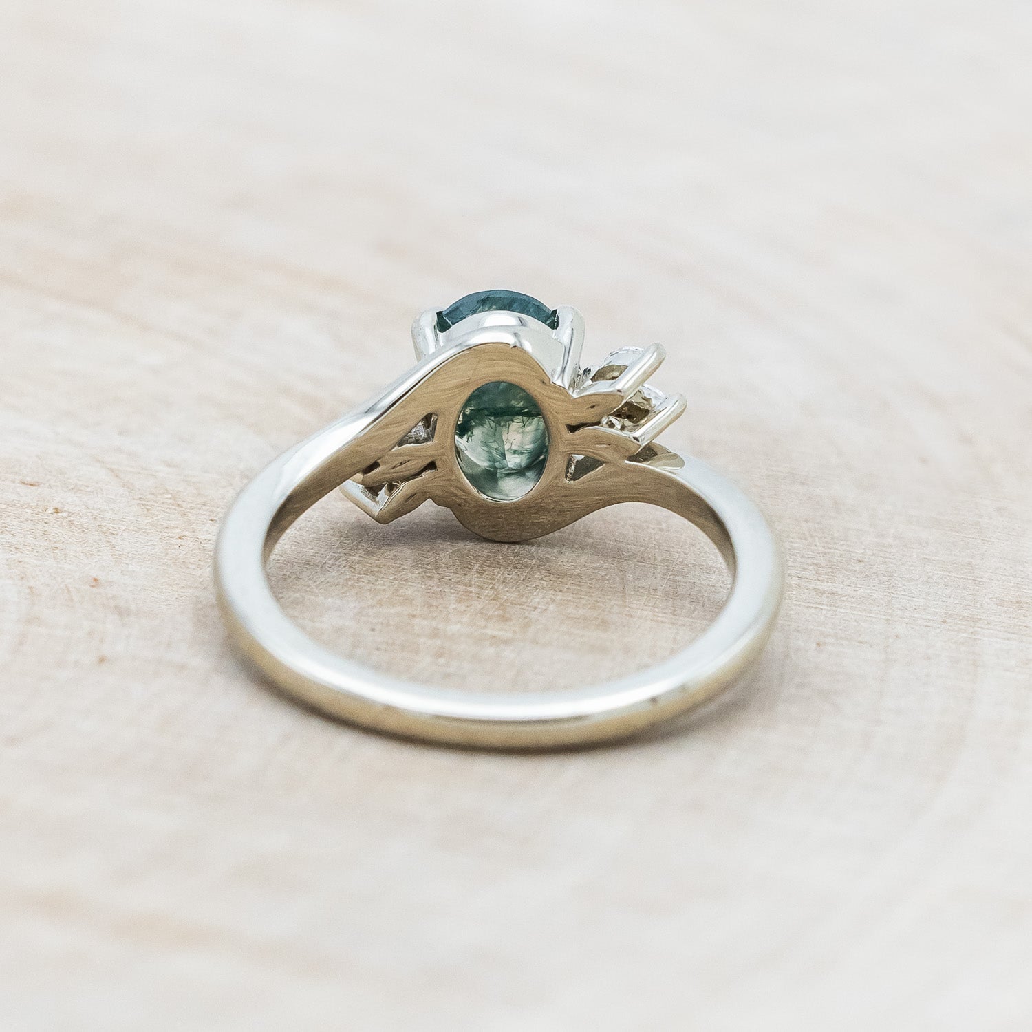 "YAVANNA" - OVAL CUT MOSS AGATE ENGAGEMENT RING WITH DIAMOND ACCENTS-Staghead Designs