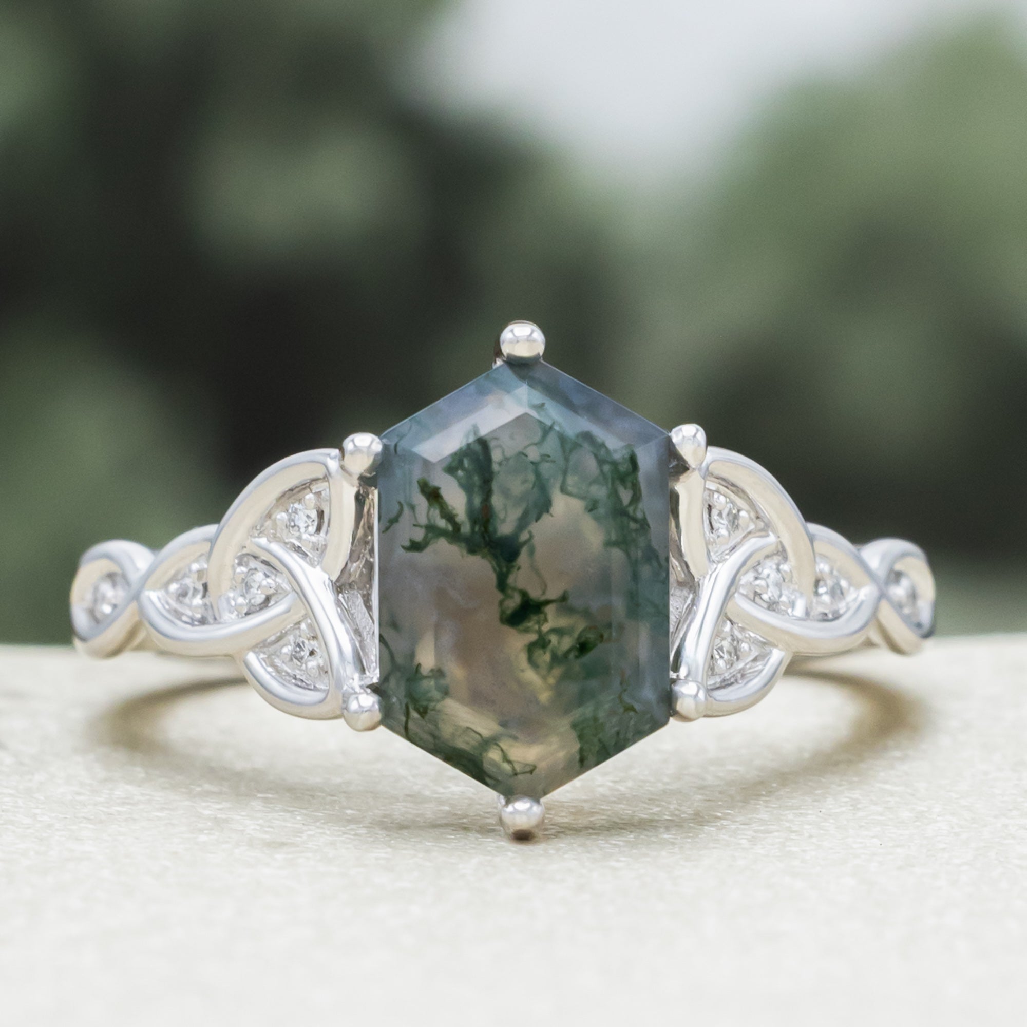 "Aife" - Celtic Knot Engagement Ring With Elongated Hexagon Cut Moss Agate & Diamond Accents-Staghead Designs