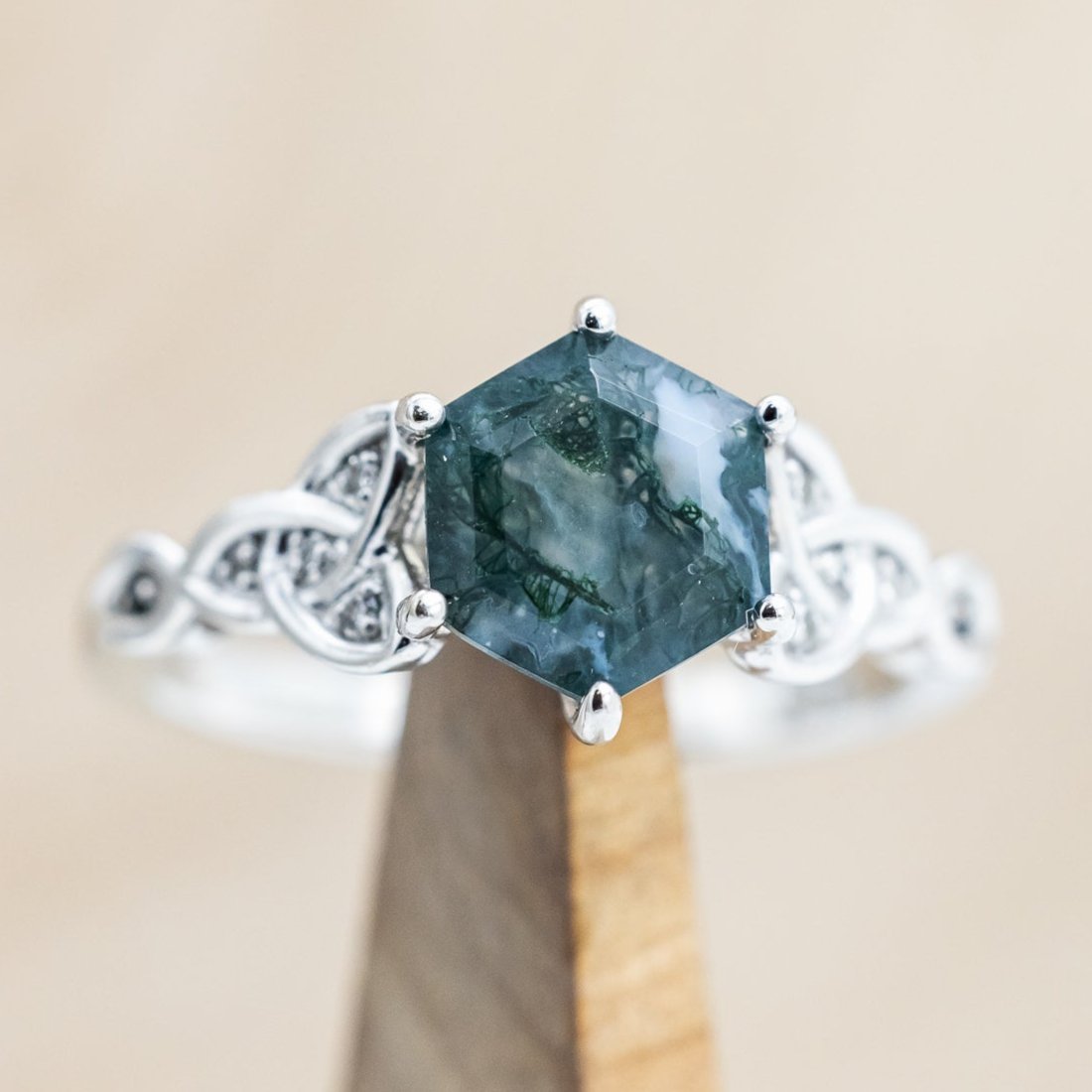 "AIFE" - CELTIC KNOT HEXAGON MOSS AGATE ENGAGEMENT RING & TRACER-Staghead Designs