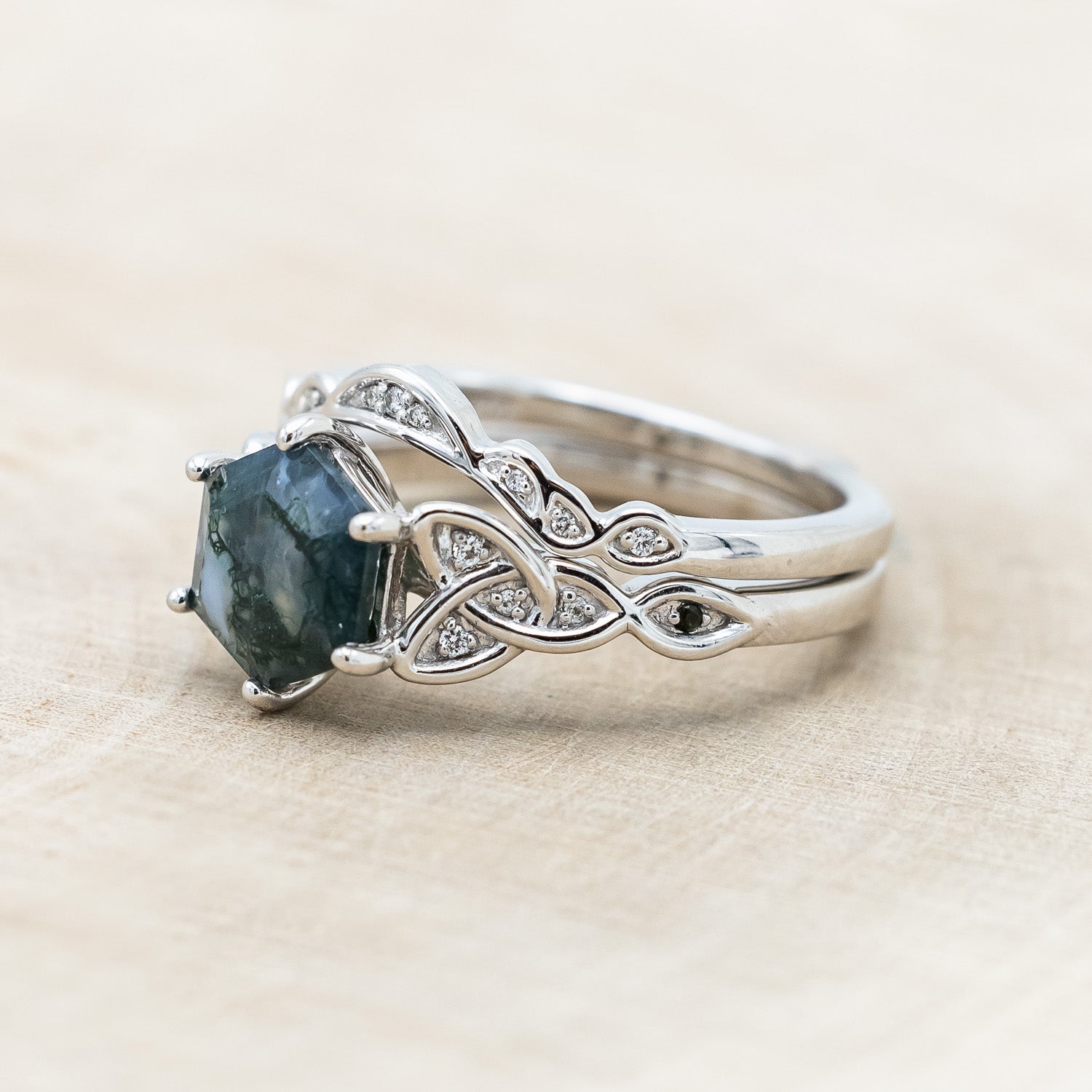 "AIFE" - CELTIC KNOT HEXAGON MOSS AGATE ENGAGEMENT RING & TRACER-Staghead Designs