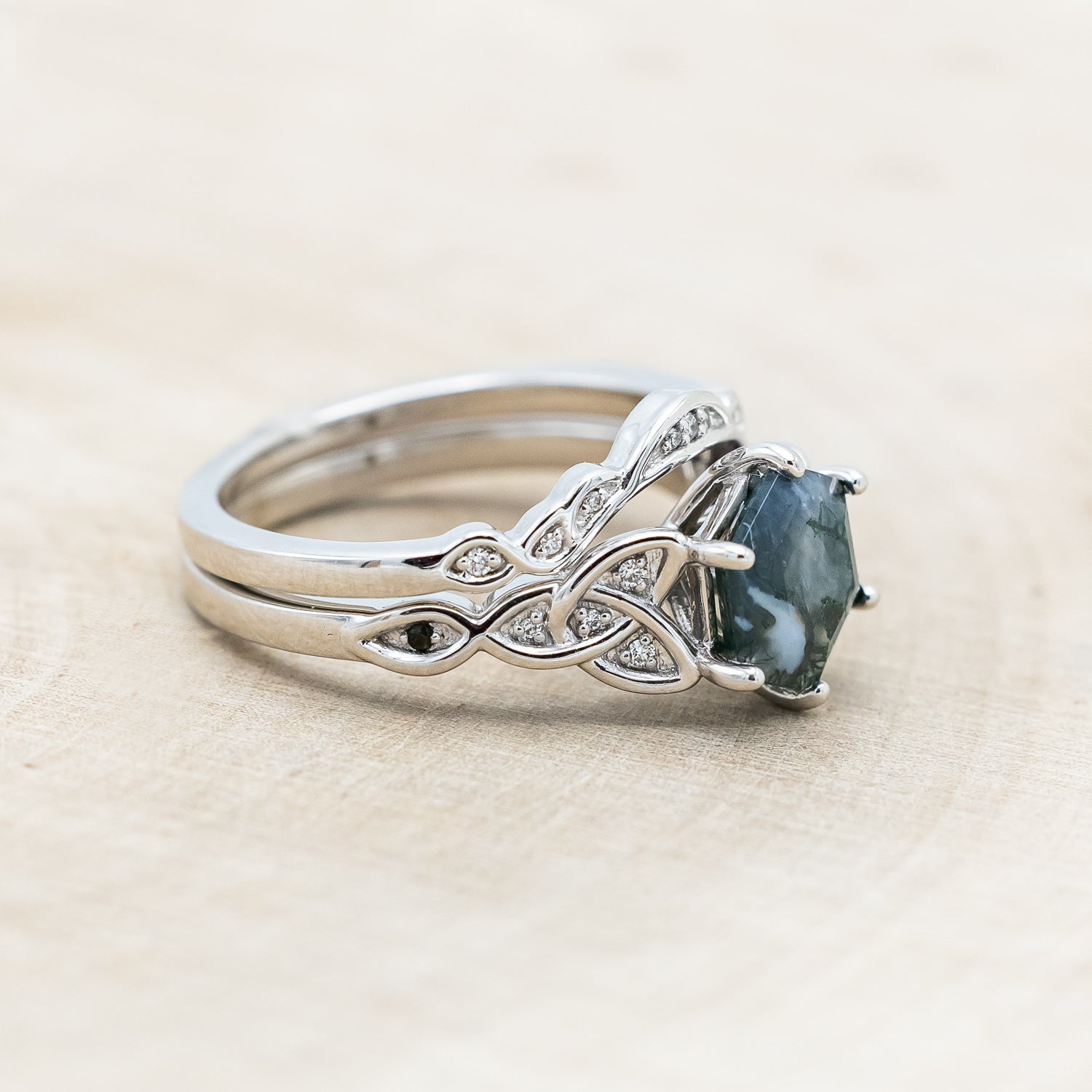 "AIFE" - CELTIC KNOT HEXAGON MOSS AGATE ENGAGEMENT RING & TRACER-Staghead Designs