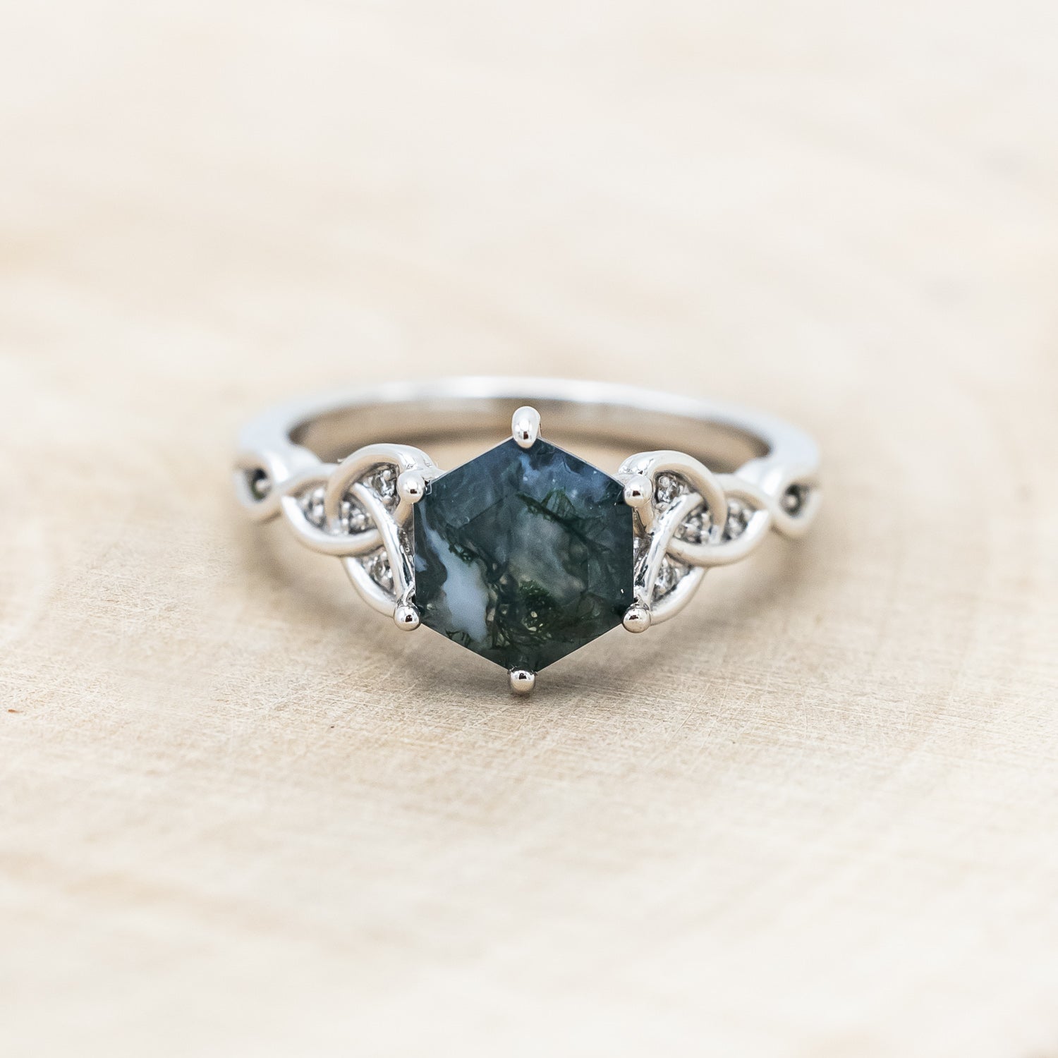 "AIFE" - CELTIC KNOT HEXAGON MOSS AGATE ENGAGEMENT RING & TRACER-Staghead Designs