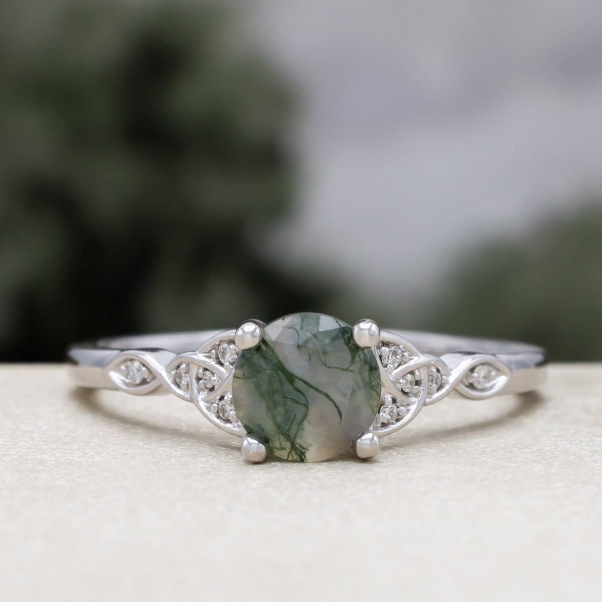 "Aife" - Celtic Knot Engagement Ring With Round Cut Moss Agate & Diamond Tracer - Ready To Ship