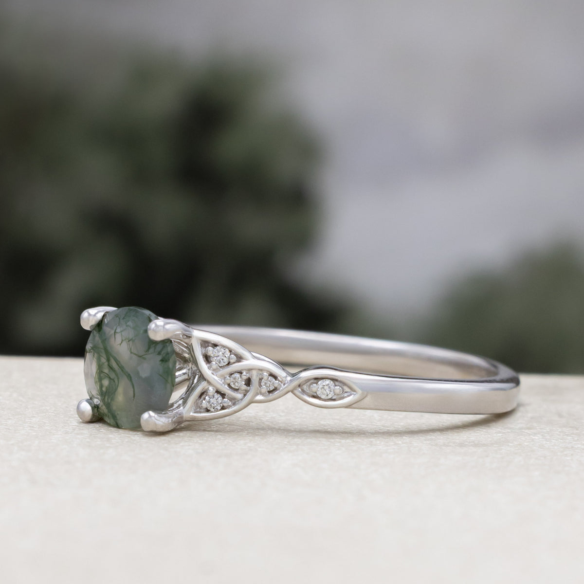 "Aife" - Celtic Knot Engagement Ring With Round Cut Moss Agate & Diamond Tracer - Ready To Ship