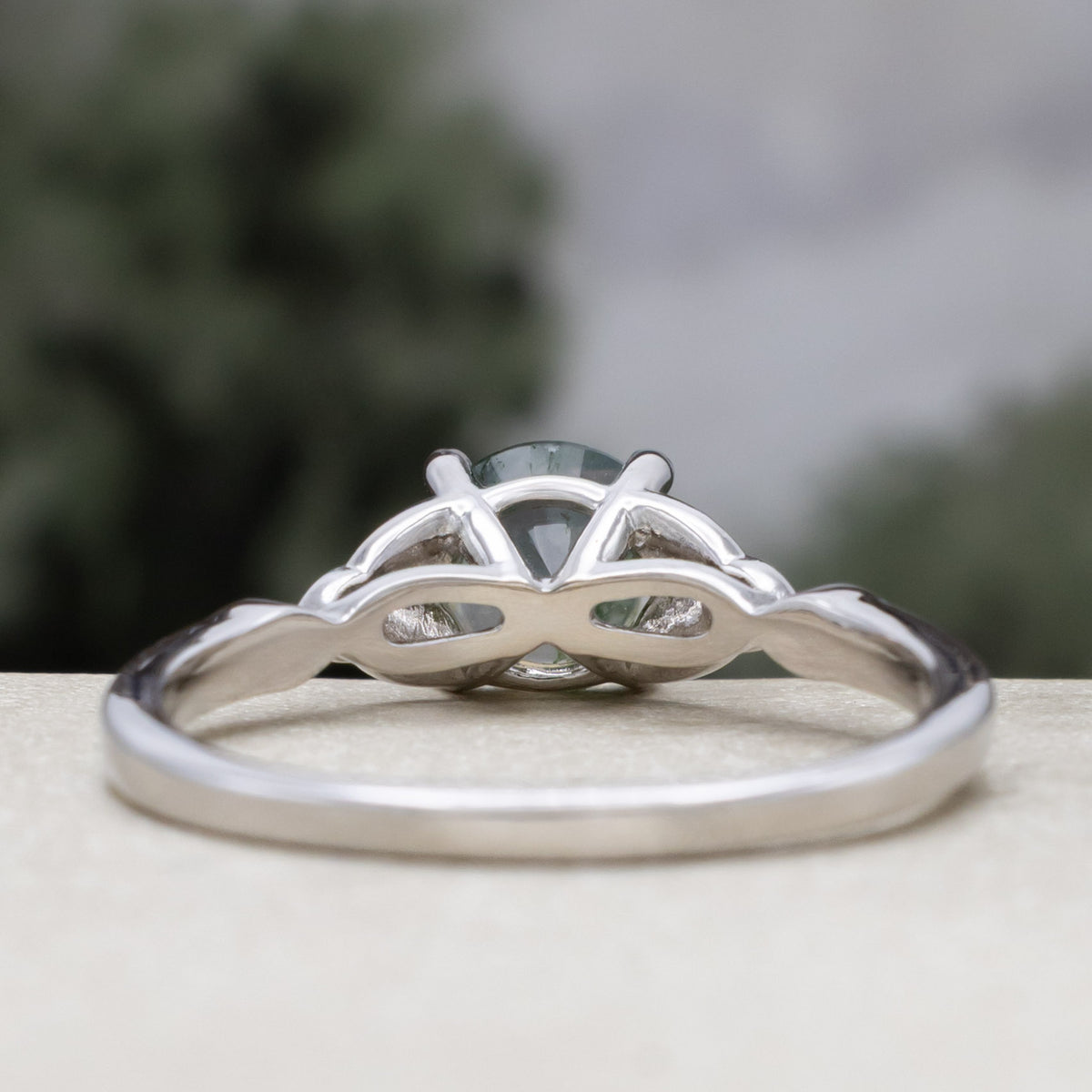 "Aife" - Celtic Knot Engagement Ring With Round Cut Moss Agate & Diamond Tracer - Ready To Ship