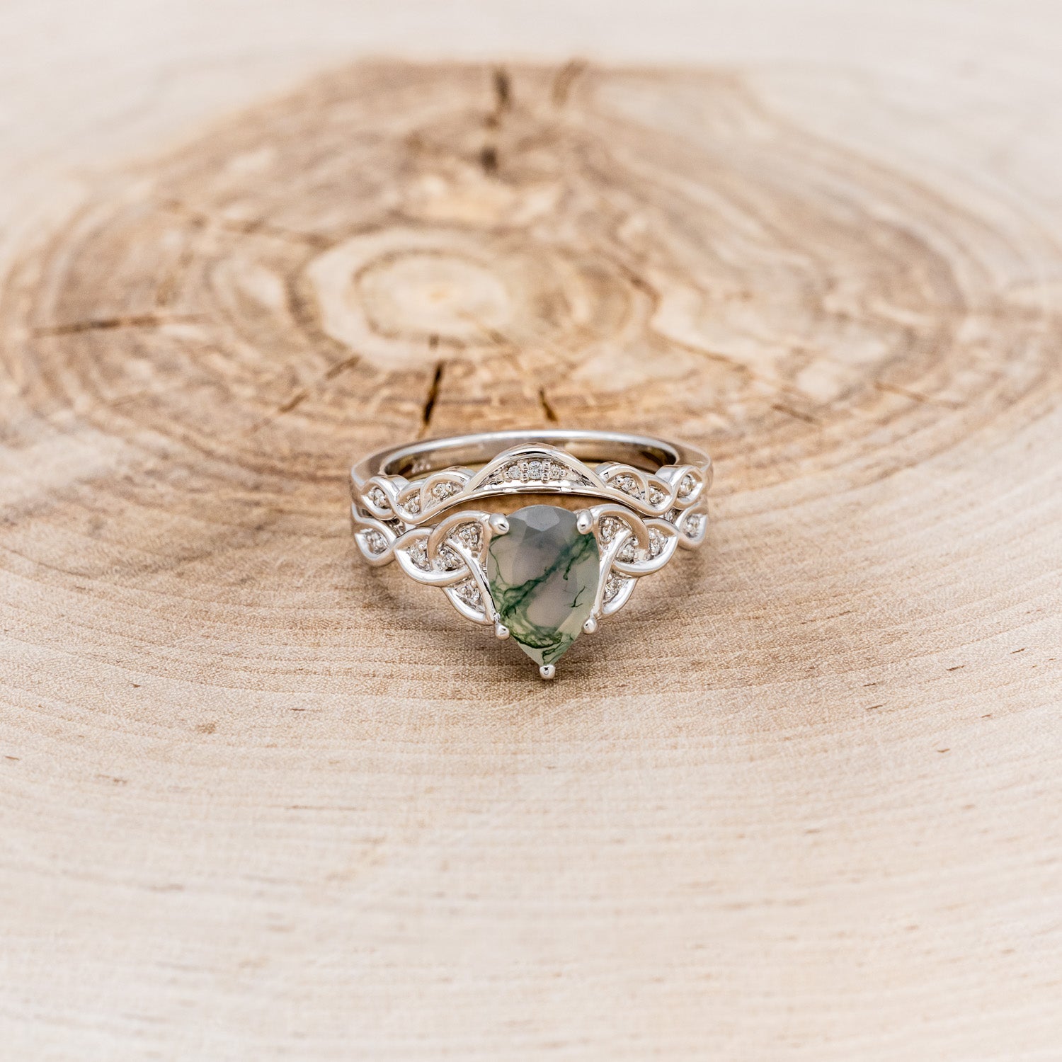 "AIFE" - CELTIC KNOT PEAR MOSS AGATE ENGAGEMENT RING AND TRACER-22
