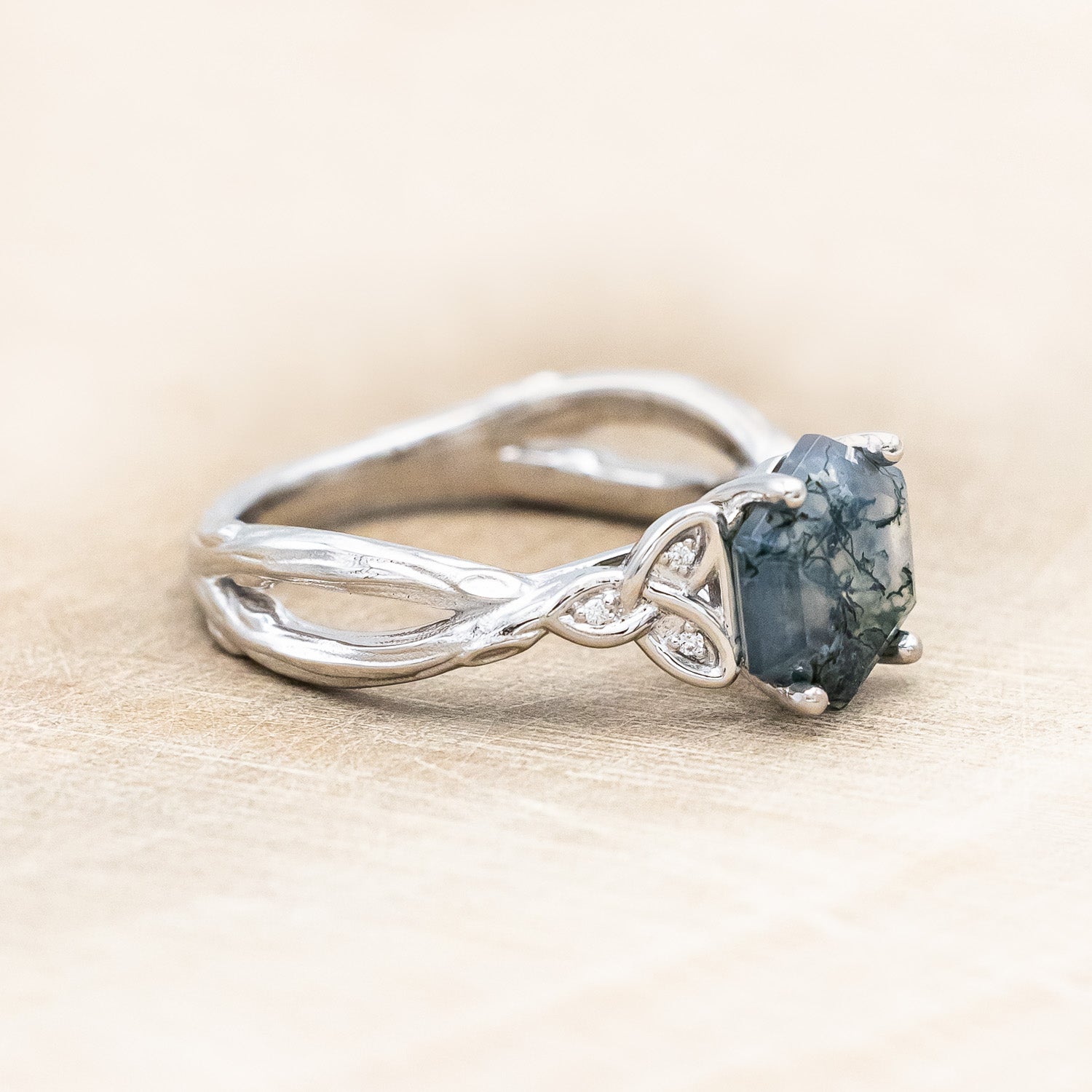 "AMARIS" - CELTIC KNOT ACCENTED HEXAGON CUT MOSS AGATE ENGAGEMENT RING WITH DIAMOND ACCENTS-Staghead Designs