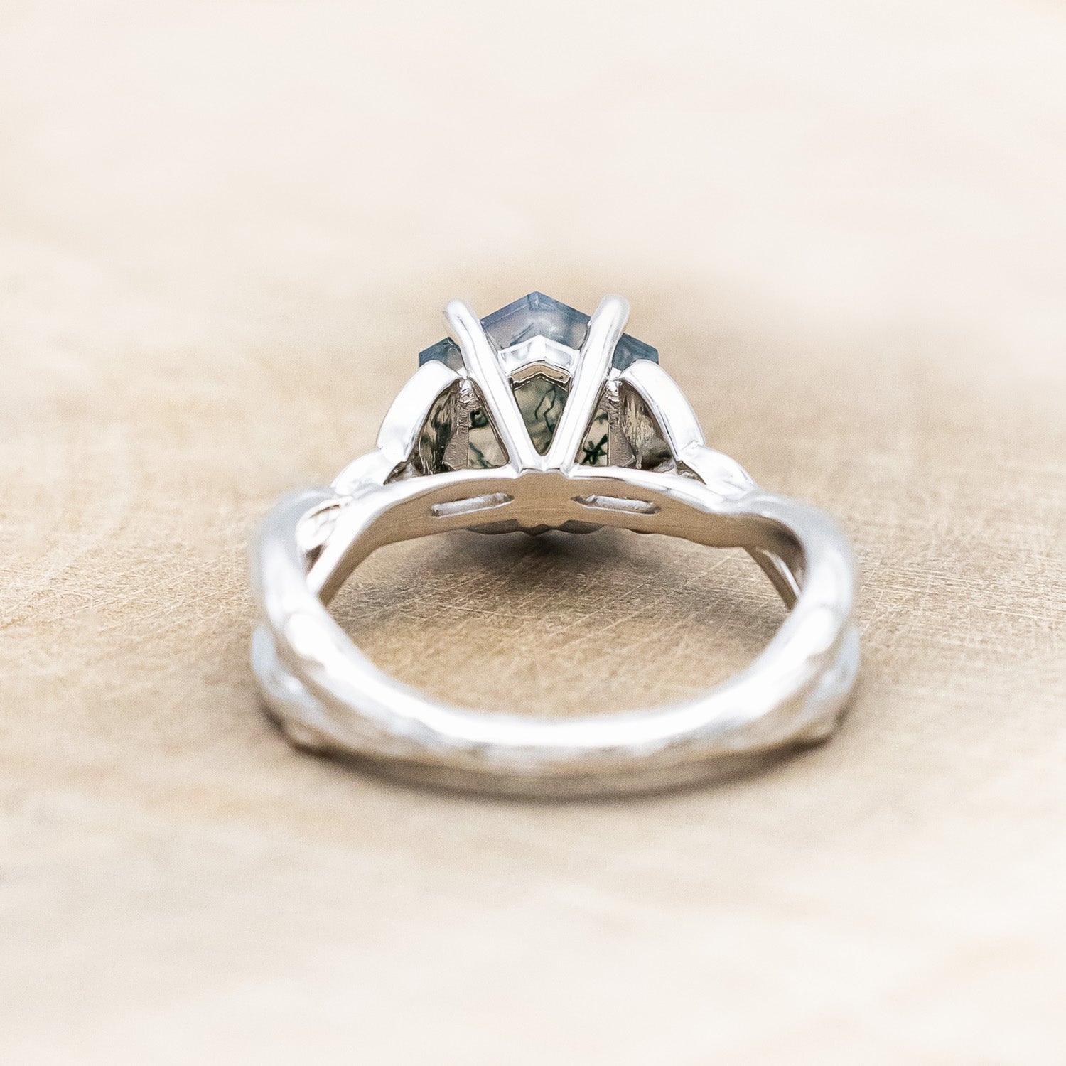"AMARIS" - CELTIC KNOT ACCENTED HEXAGON CUT MOSS AGATE ENGAGEMENT RING WITH DIAMOND ACCENTS-Staghead Designs