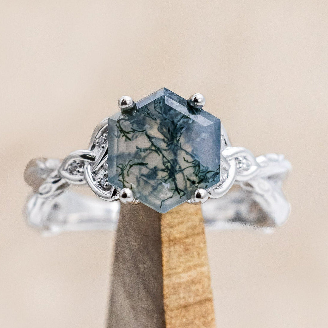 "AMARIS" - CELTIC KNOT ACCENTED HEXAGON CUT MOSS AGATE ENGAGEMENT RING WITH DIAMOND ACCENTS-Staghead Designs