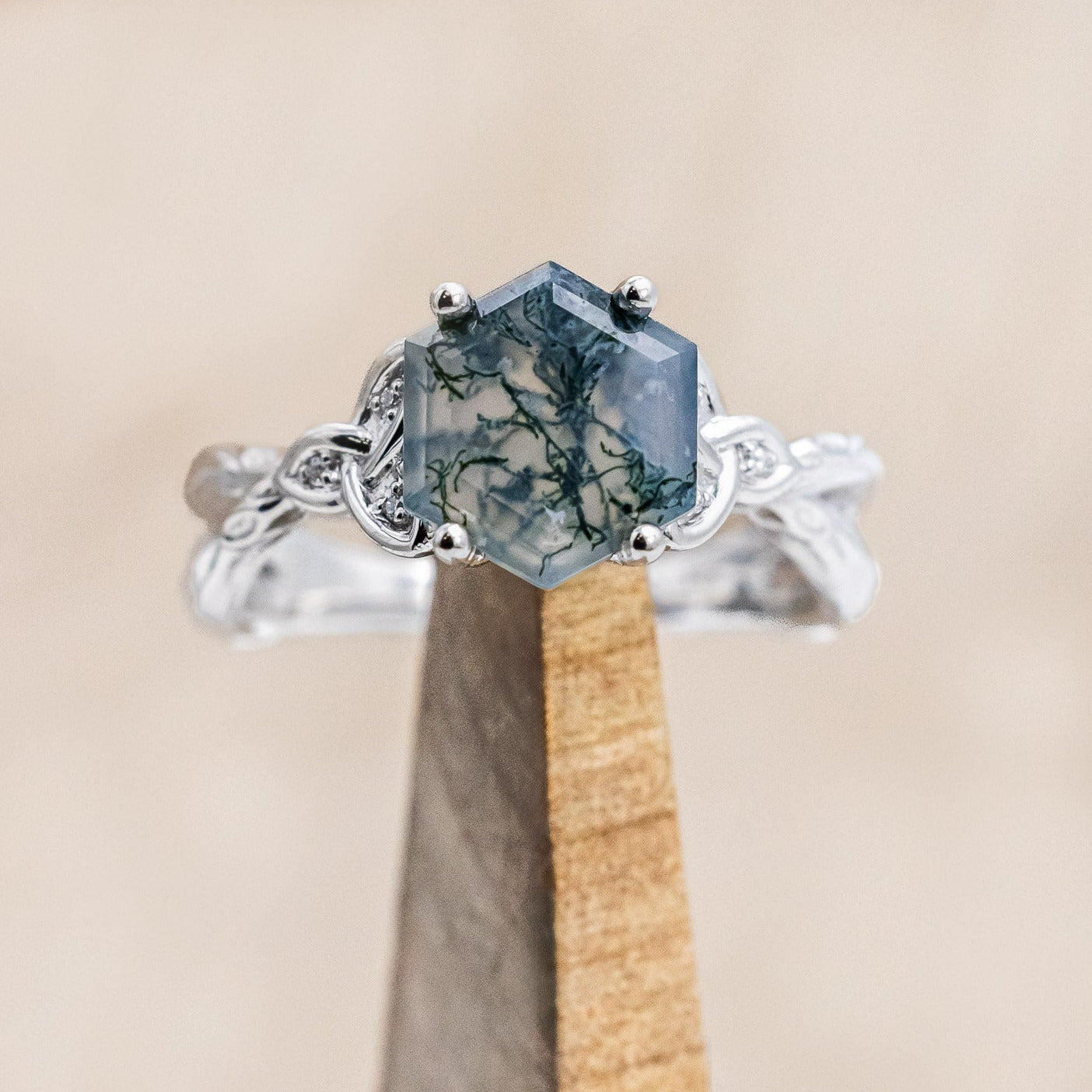 "AMARIS" - CELTIC KNOT ACCENTED HEXAGON CUT MOSS AGATE ENGAGEMENT RING WITH DIAMOND ACCENTS-Staghead Designs