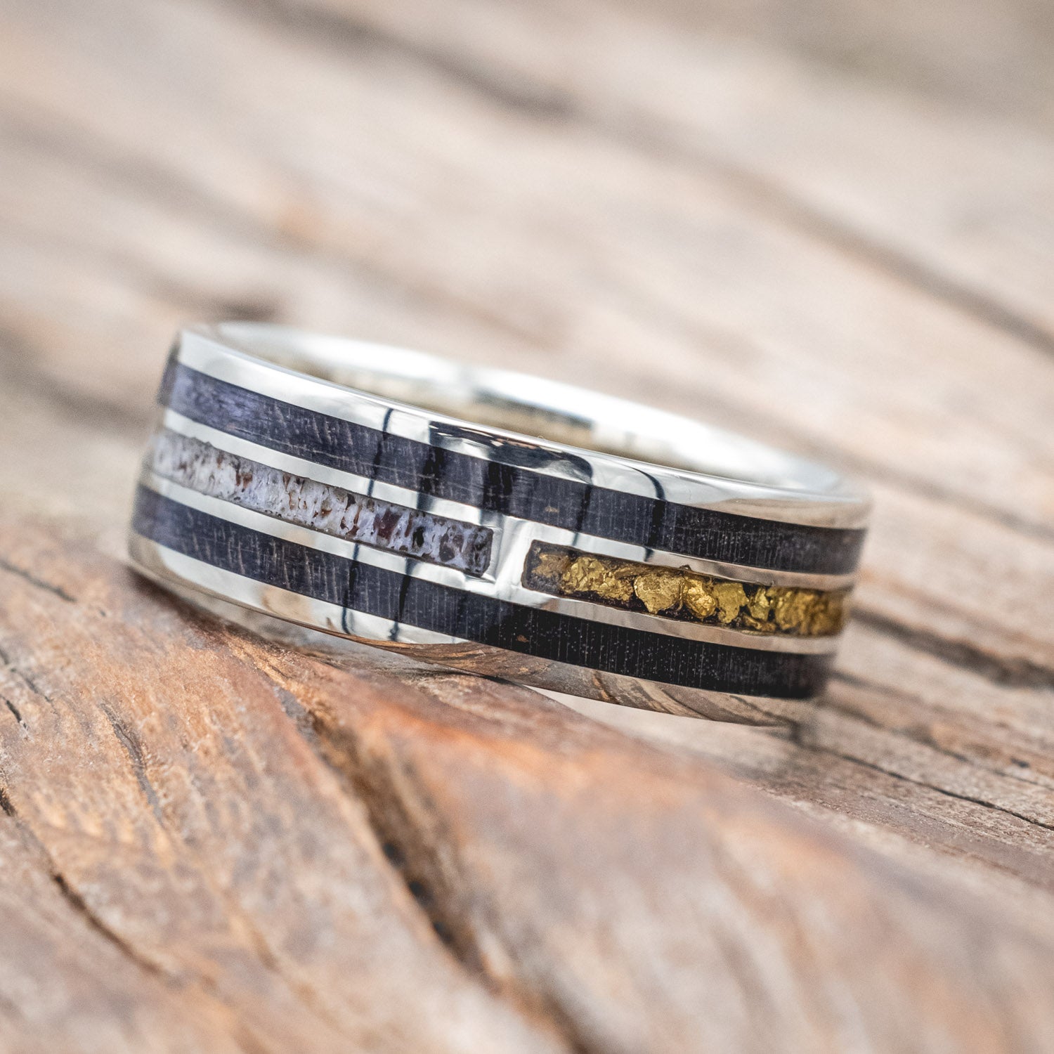 "AMBROSE" - DARK MAPLE WOOD, ANTLER & GOLD NUGGETS WEDDING BAND-Staghead Designs