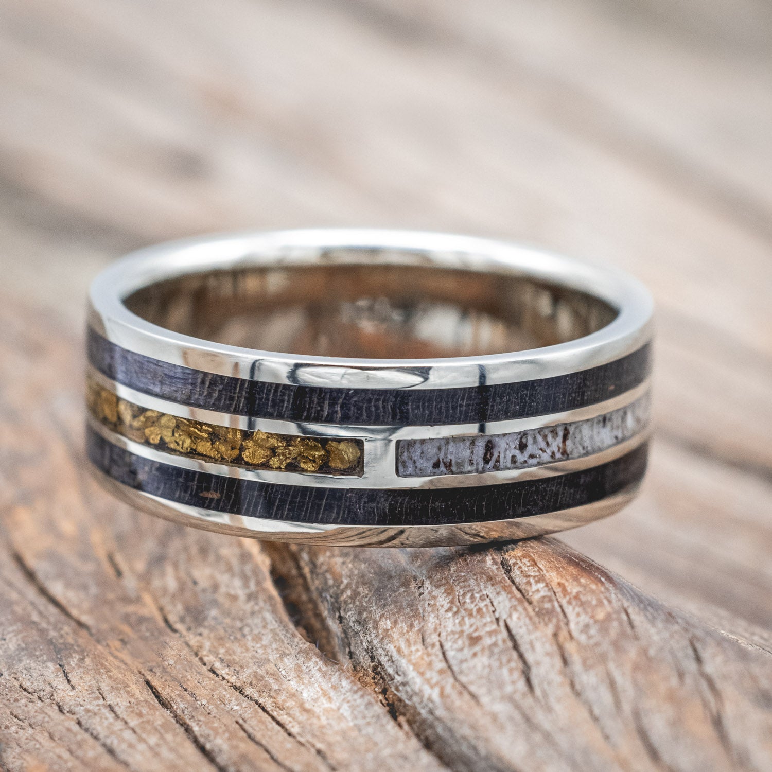 "AMBROSE" - DARK MAPLE WOOD, ANTLER & GOLD NUGGETS WEDDING BAND-Staghead Designs