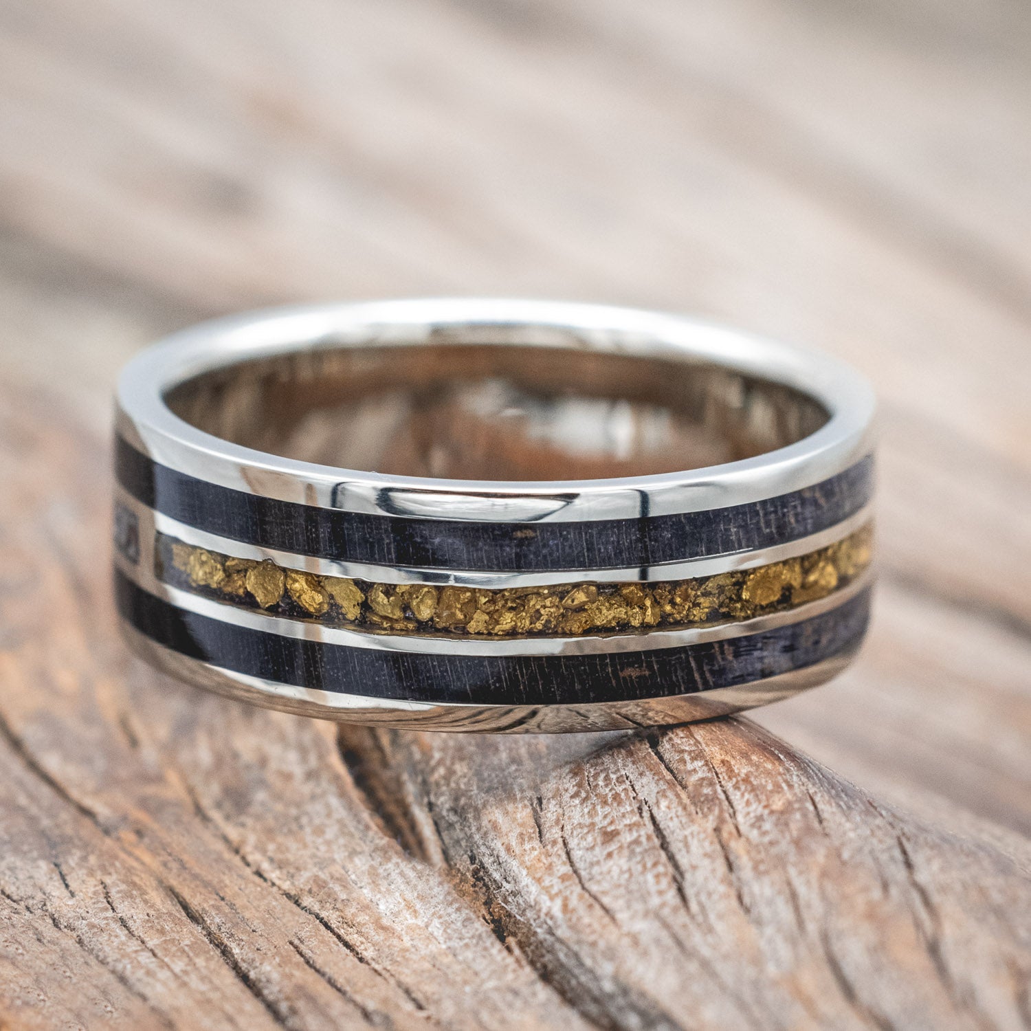 "AMBROSE" - DARK MAPLE WOOD, ANTLER & GOLD NUGGETS WEDDING BAND-Staghead Designs
