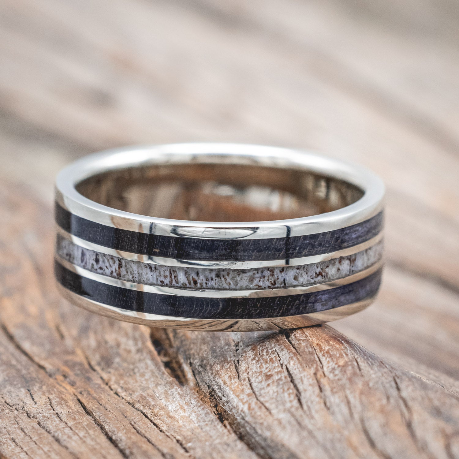 "AMBROSE" - DARK MAPLE WOOD, ANTLER & GOLD NUGGETS WEDDING BAND-Staghead Designs