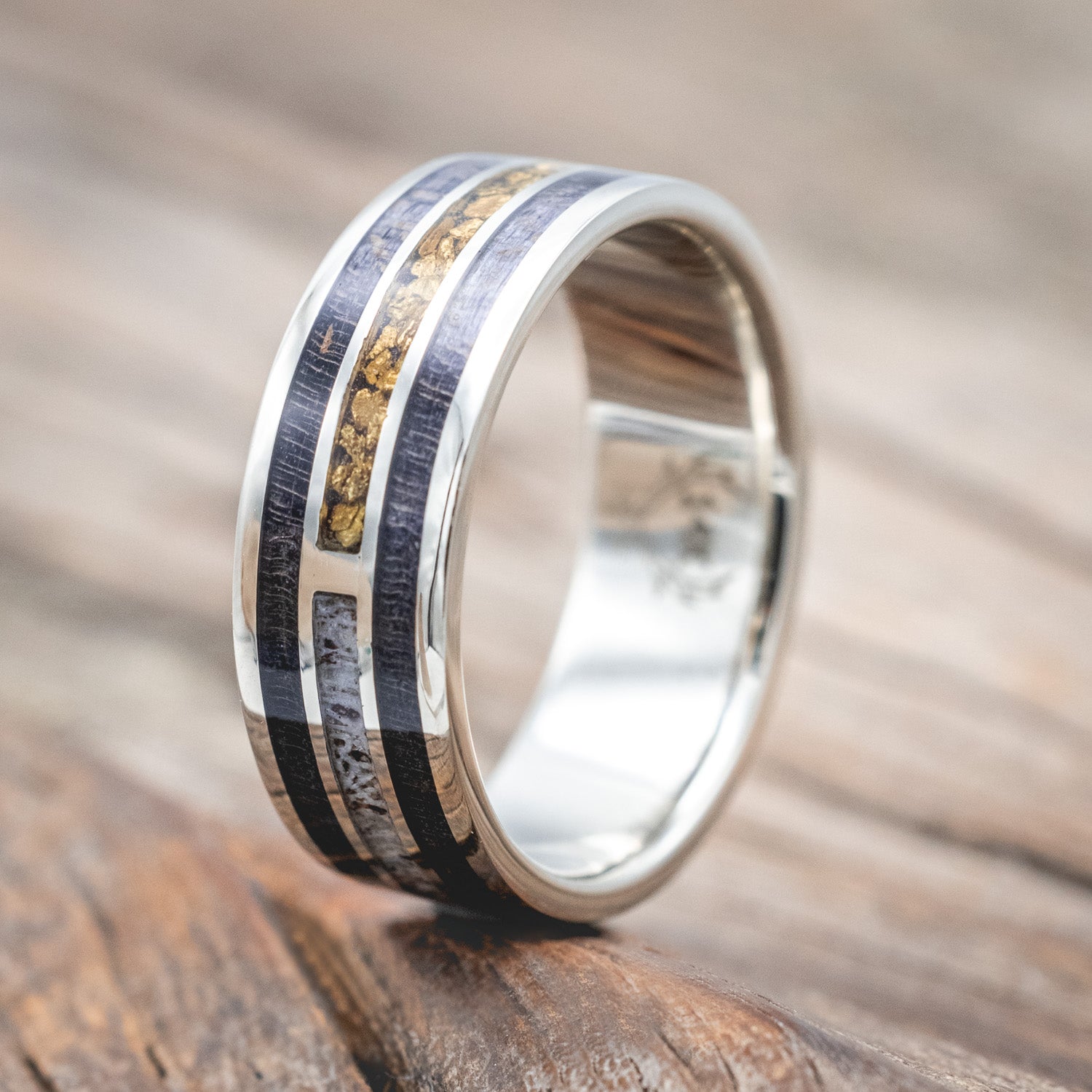 "AMBROSE" - DARK MAPLE WOOD, ANTLER & GOLD NUGGETS WEDDING BAND-Staghead Designs