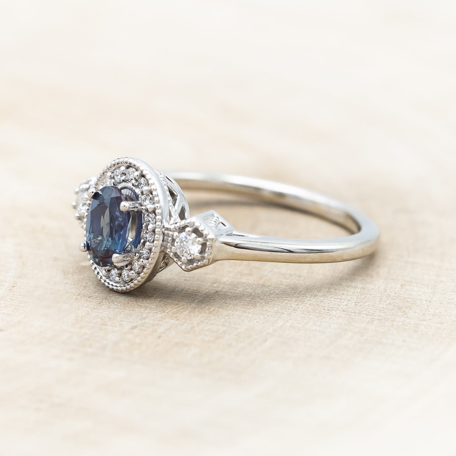 "AMELIA" - OVAL LAB-GROWN ALEXANDRITE ENGAGEMENT RING WITH DIAMOND HALO & ACCENTS-Staghead Designs