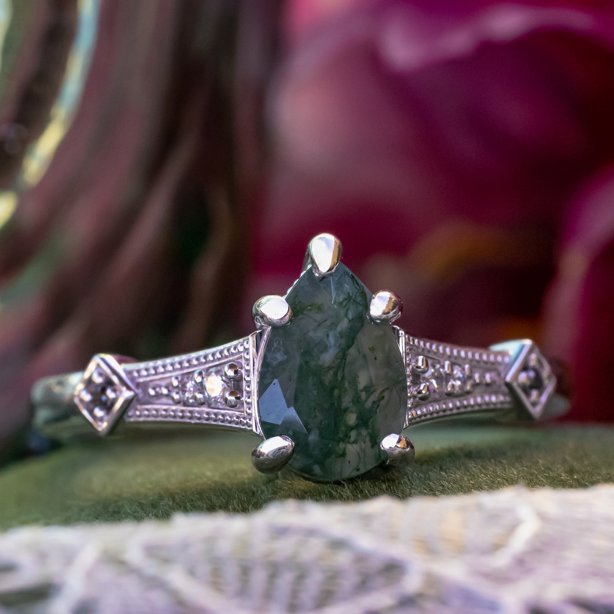 "ANNORA" - PEAR CUT MOSS AGATE ENGAGEMENT RING WITH DIAMOND ACCENTS-Staghead Designs