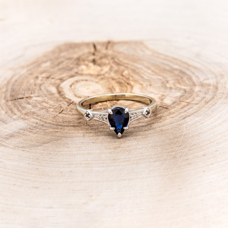 "ANNORA" - PEAR SHAPED LAB-GROWN BLUE SAPPHIRE ENGAGEMENT RING WITH BLACK & WHITE DIAMOND ACCENTS-4