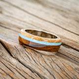 "ARGOS" - IRONWOOD, TURQUOISE & WHISKEY BARREL OAK WEDDING RING-8