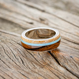 "ARGOS" - IRONWOOD, TURQUOISE & WHISKEY BARREL OAK WEDDING RING-9