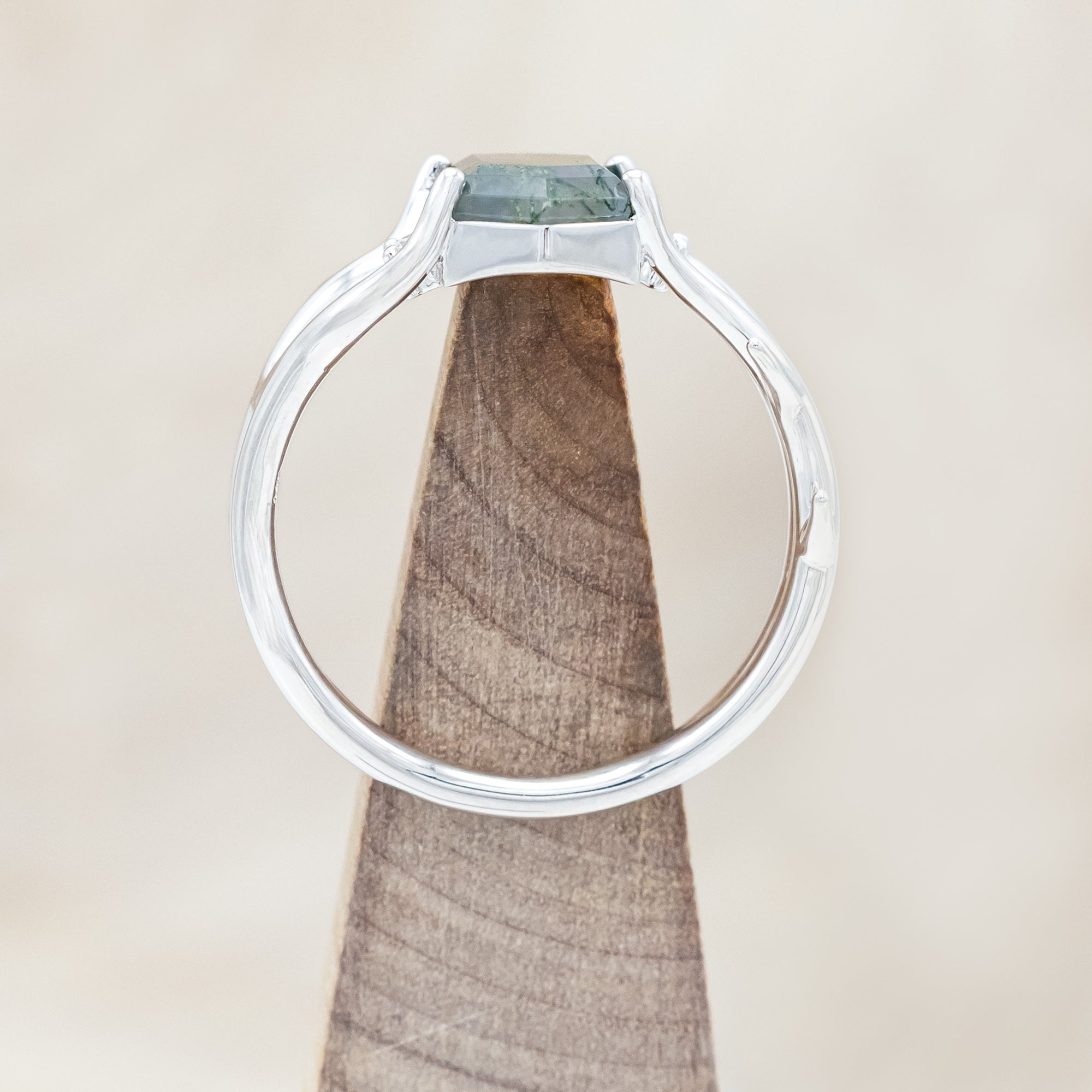 "ARTEMIS" - ELONGATED HEXAGON CUT MOSS AGATE ENGAGEMENT RING WITH AN ANTLER STYLE BAND & CHOICE OF DIAMOND ACCENTS-Staghead Designs
