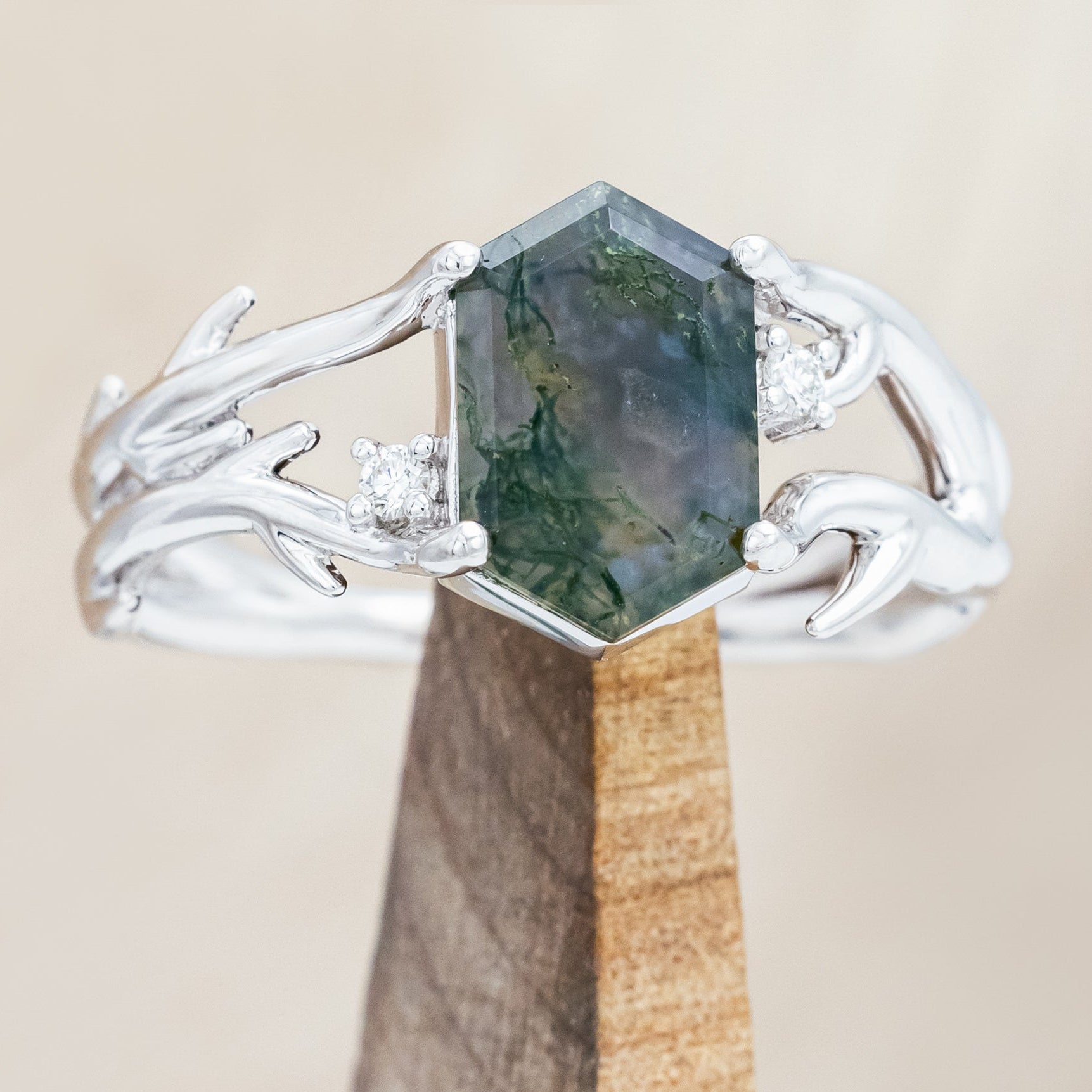 "ARTEMIS" - ELONGATED HEXAGON CUT MOSS AGATE ENGAGEMENT RING WITH AN ANTLER STYLE BAND & CHOICE OF DIAMOND ACCENTS-Staghead Designs