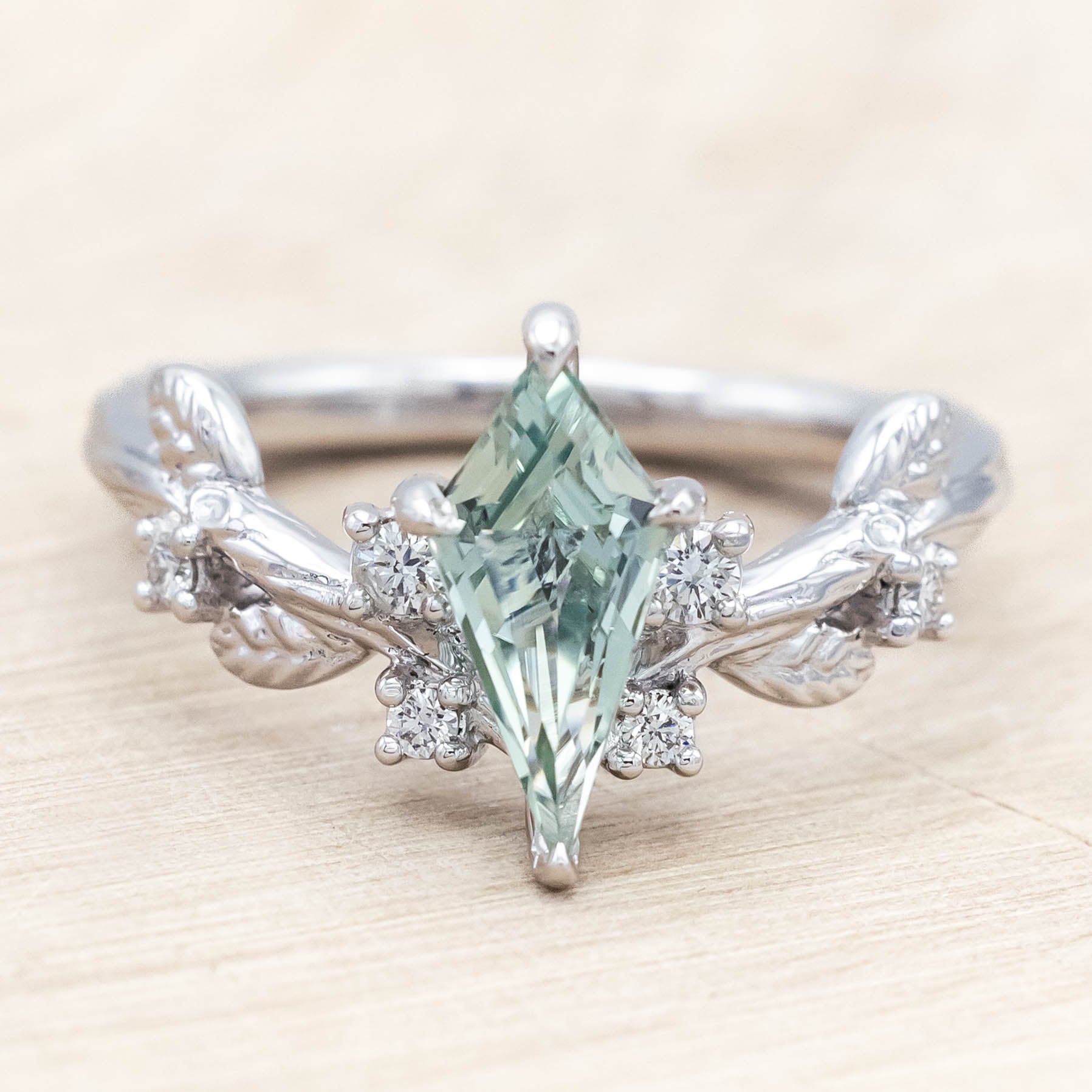 "ARTEMISIA" - KITE CUT LAB-GROWN GREEN SAPPHIRE ENGAGEMENT RING WITH DIAMOND ACCENTS-Staghead Designs