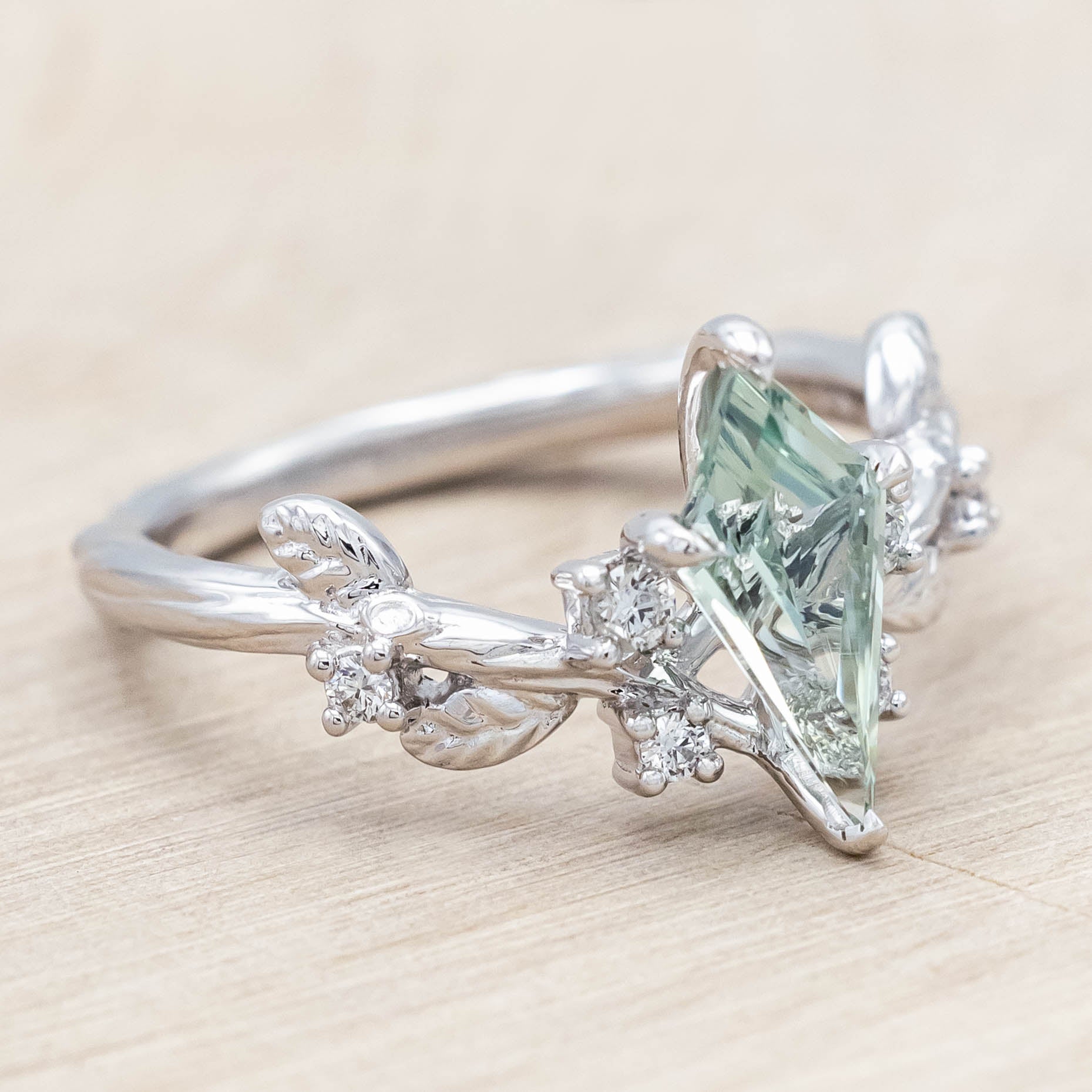 "ARTEMISIA" - KITE CUT LAB-GROWN GREEN SAPPHIRE ENGAGEMENT RING WITH DIAMOND ACCENTS-Staghead Designs