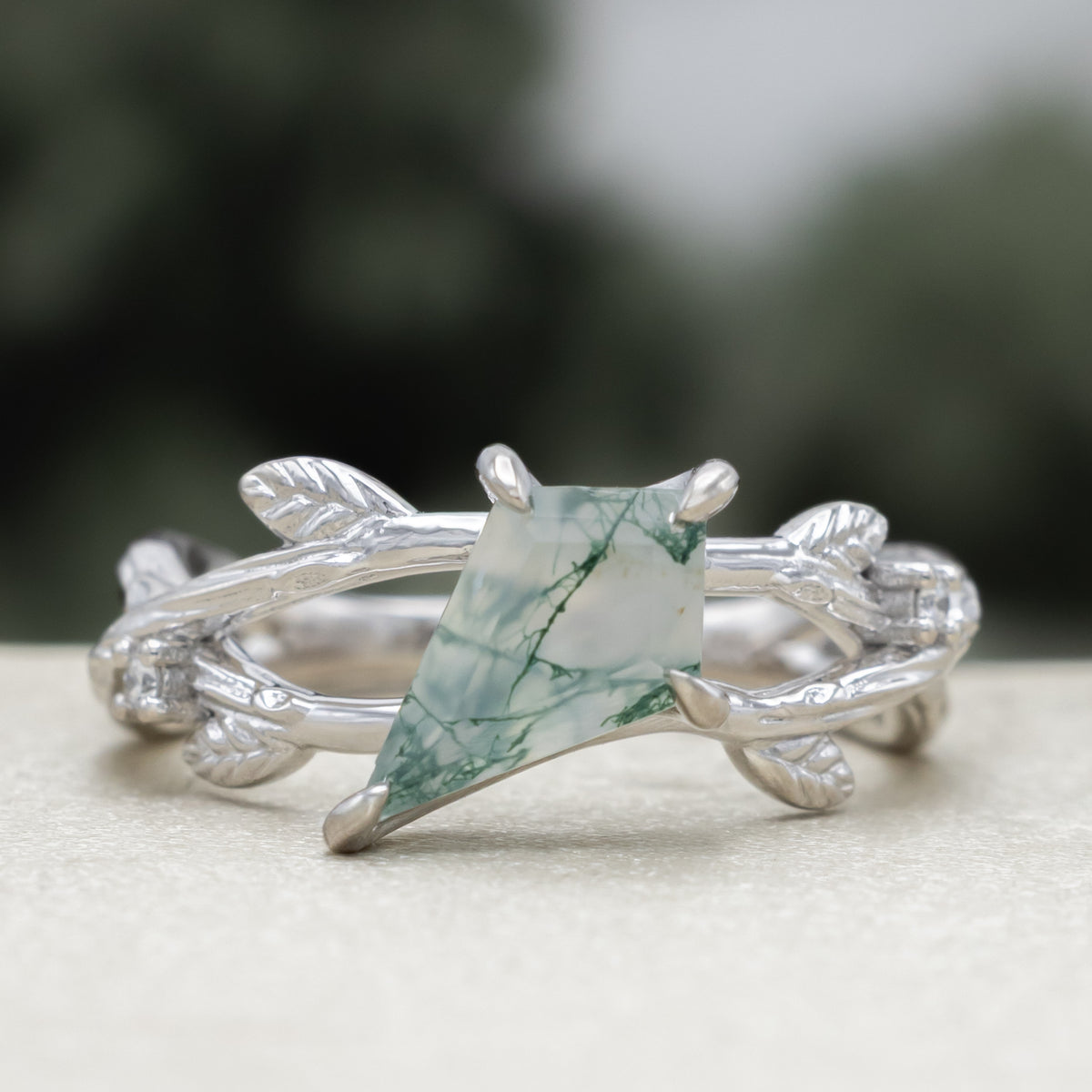 "Artemis On The Vine" Diagonal - Kite Cut Moss Agate Engagement Ring With Diamond Accents & A Branch-Style Band-Staghead Designs