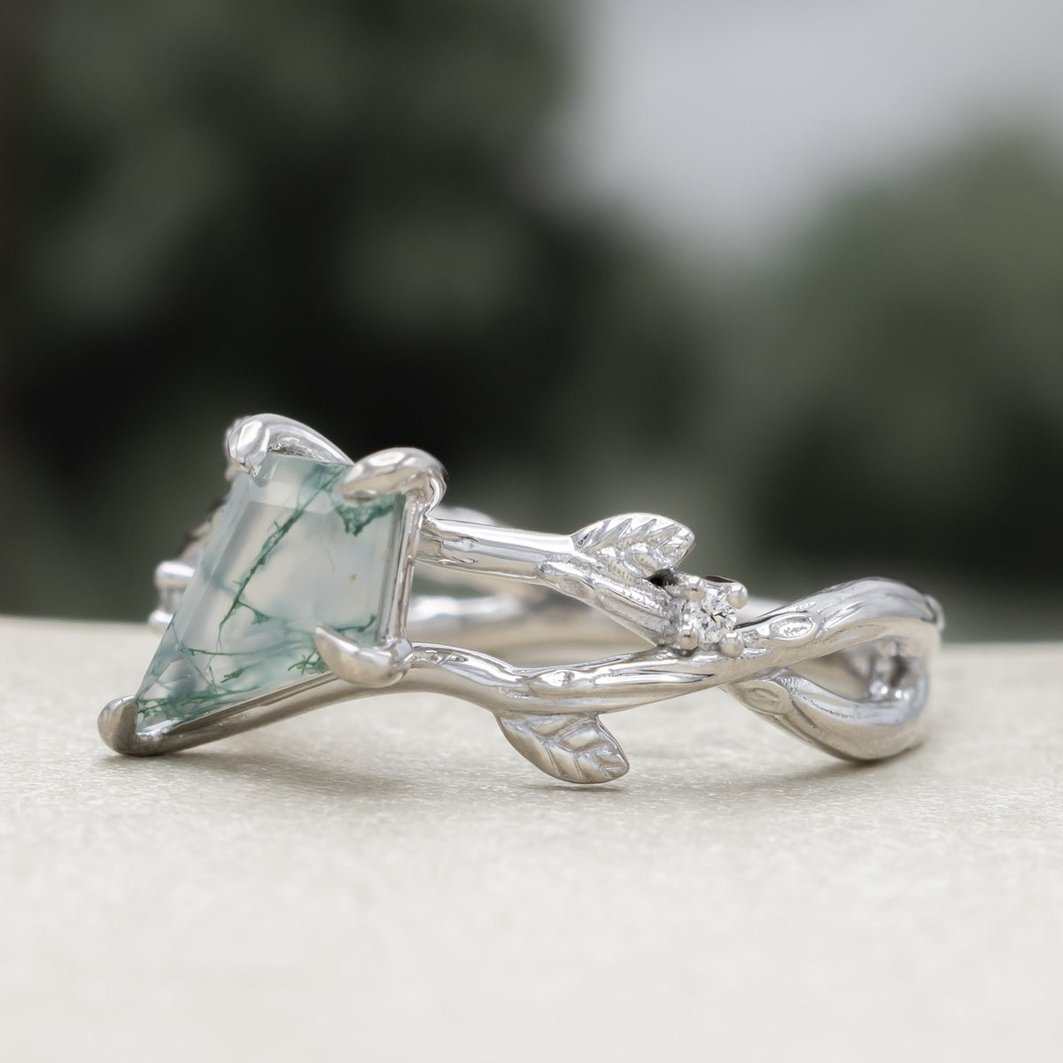 "Artemis On The Vine" Diagonal - Kite Cut Moss Agate Engagement Ring With Diamond Accents & A Branch-Style Band-Staghead Designs