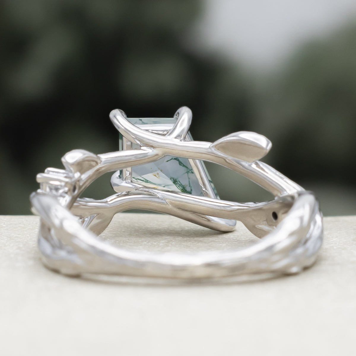 "Artemis On The Vine" Diagonal - Kite Cut Moss Agate Engagement Ring With Diamond Accents & A Branch-Style Band-Staghead Designs