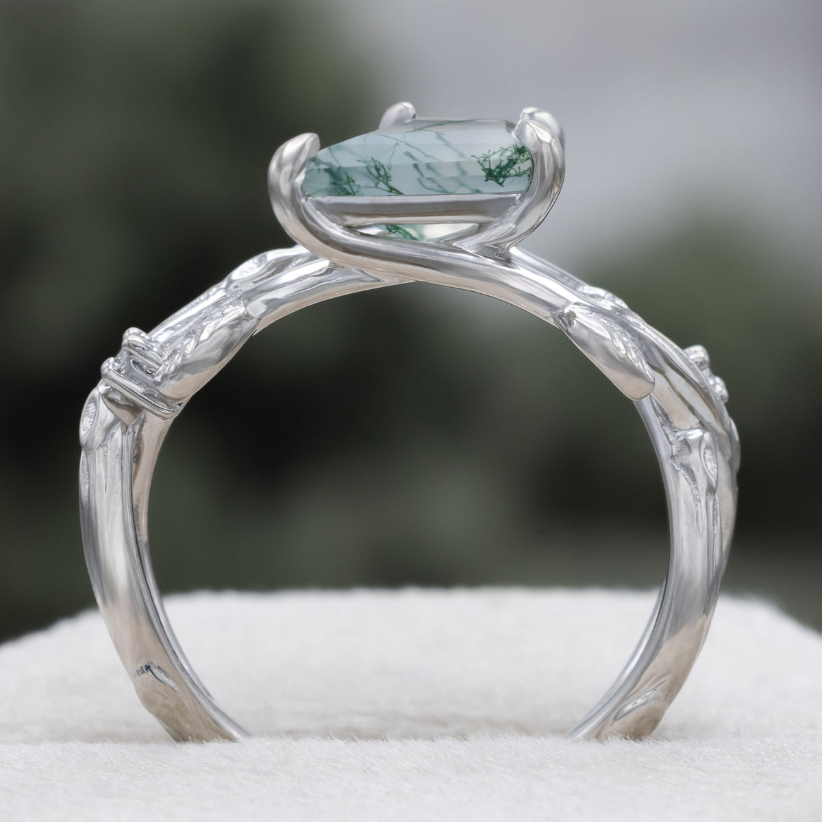 "Artemis On The Vine" Diagonal - Kite Cut Moss Agate Engagement Ring With Diamond Accents & A Branch-Style Band-Staghead Designs