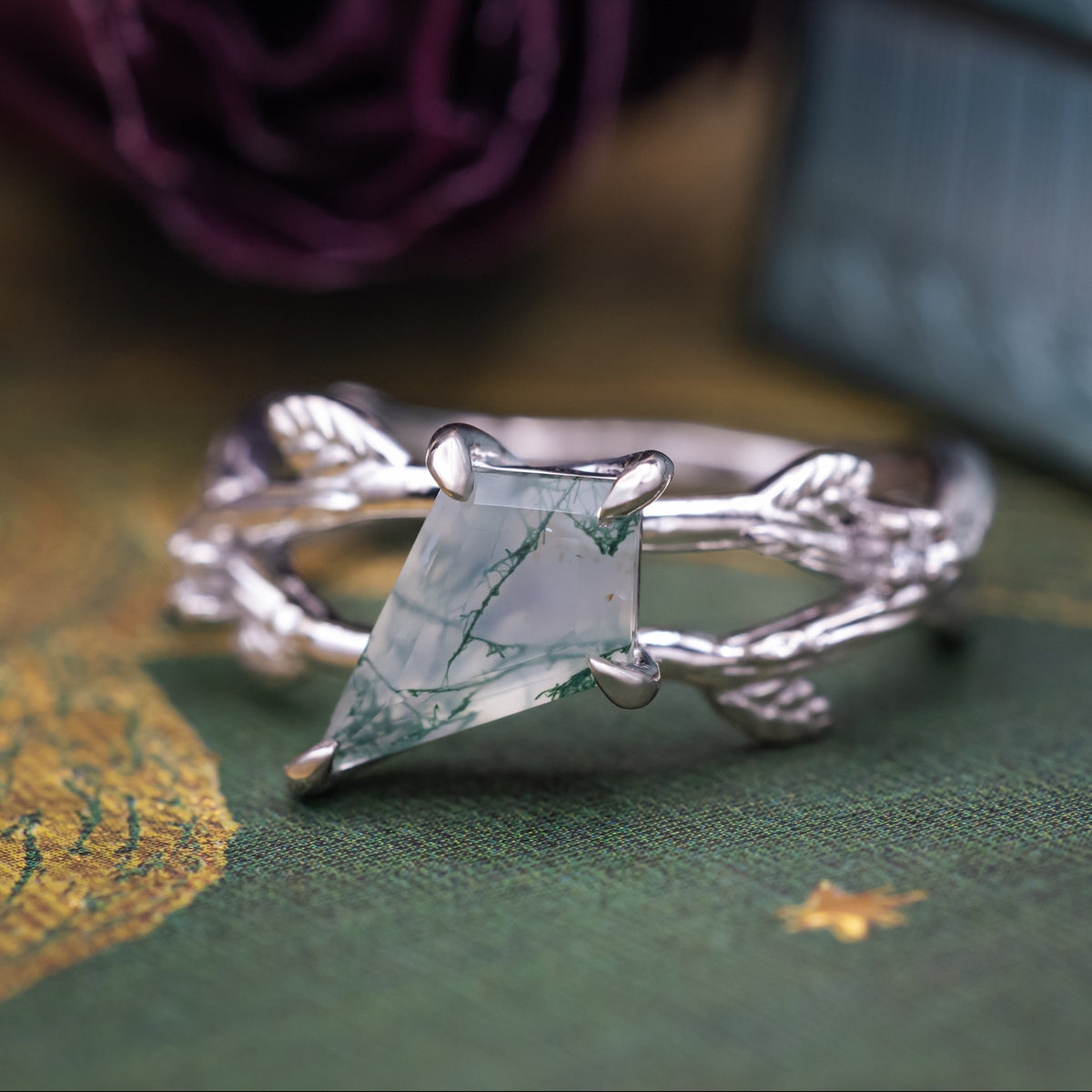 "Artemis On The Vine" Diagonal - Kite Cut Moss Agate Engagement Ring With Diamond Accents & A Branch-Style Band-Staghead Designs