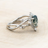 "ARTEMIS ON THE VINE DIVINE" - PEAR CUT MOSS AGATE ENGAGEMENT RING WITH DIAMOND ACCENTS & A "BRIAR" TRACER