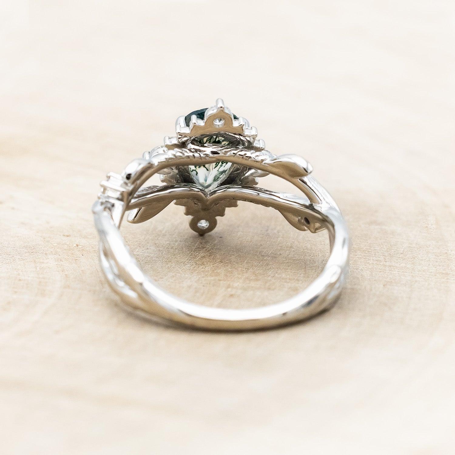 "ARTEMIS ON THE VINE DIVINE" - PEAR CUT MOSS AGATE ENGAGEMENT RING WITH DIAMOND ACCENTS & A "BRIAR" TRACER-Staghead Designs